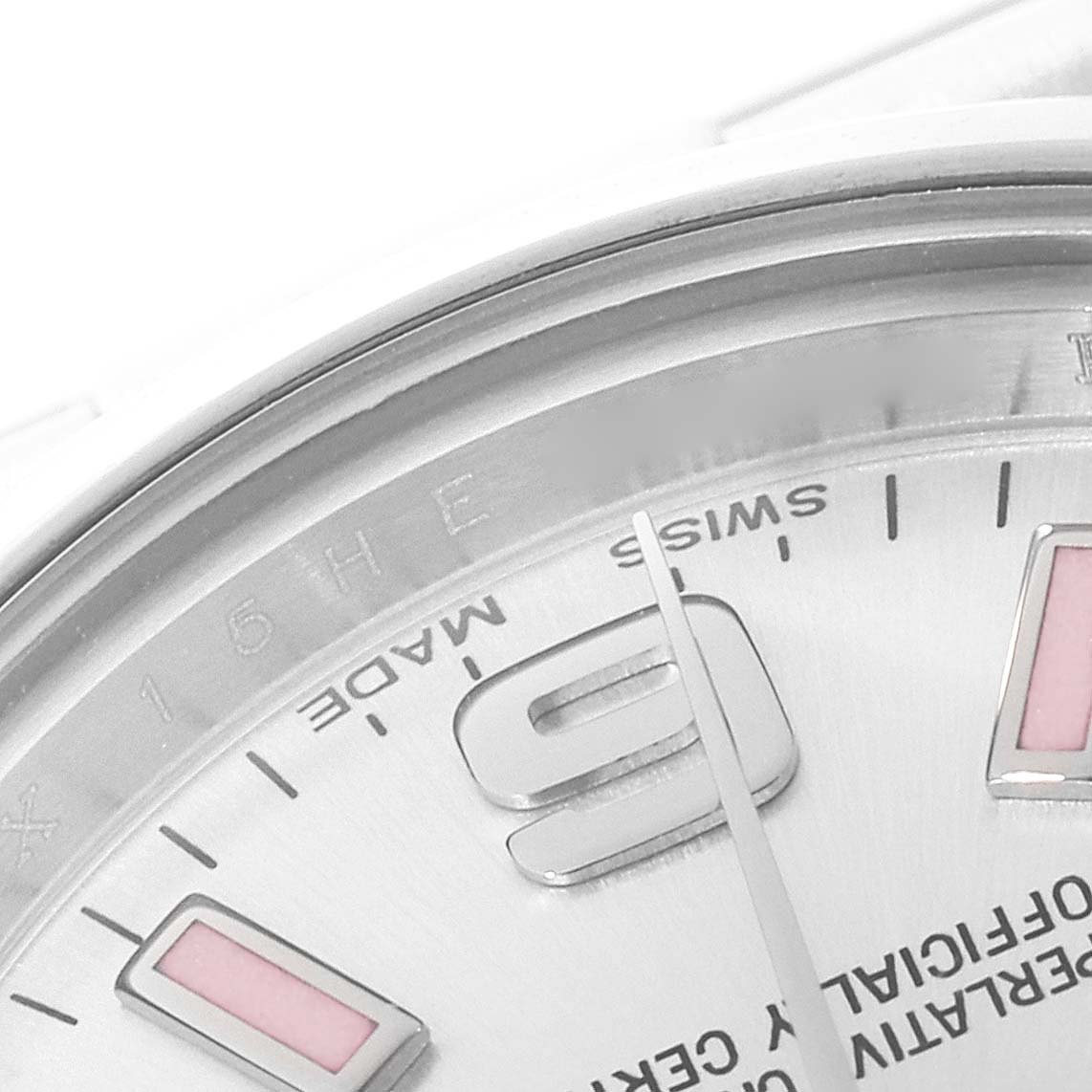 The image shows a close-up of the dial and part of the minute hand on a Rolex Oyster Perpetual 176200 Women's Stainless Steel Silver Dial 176200 Women's Stainless Steel Silver Dial watch.
