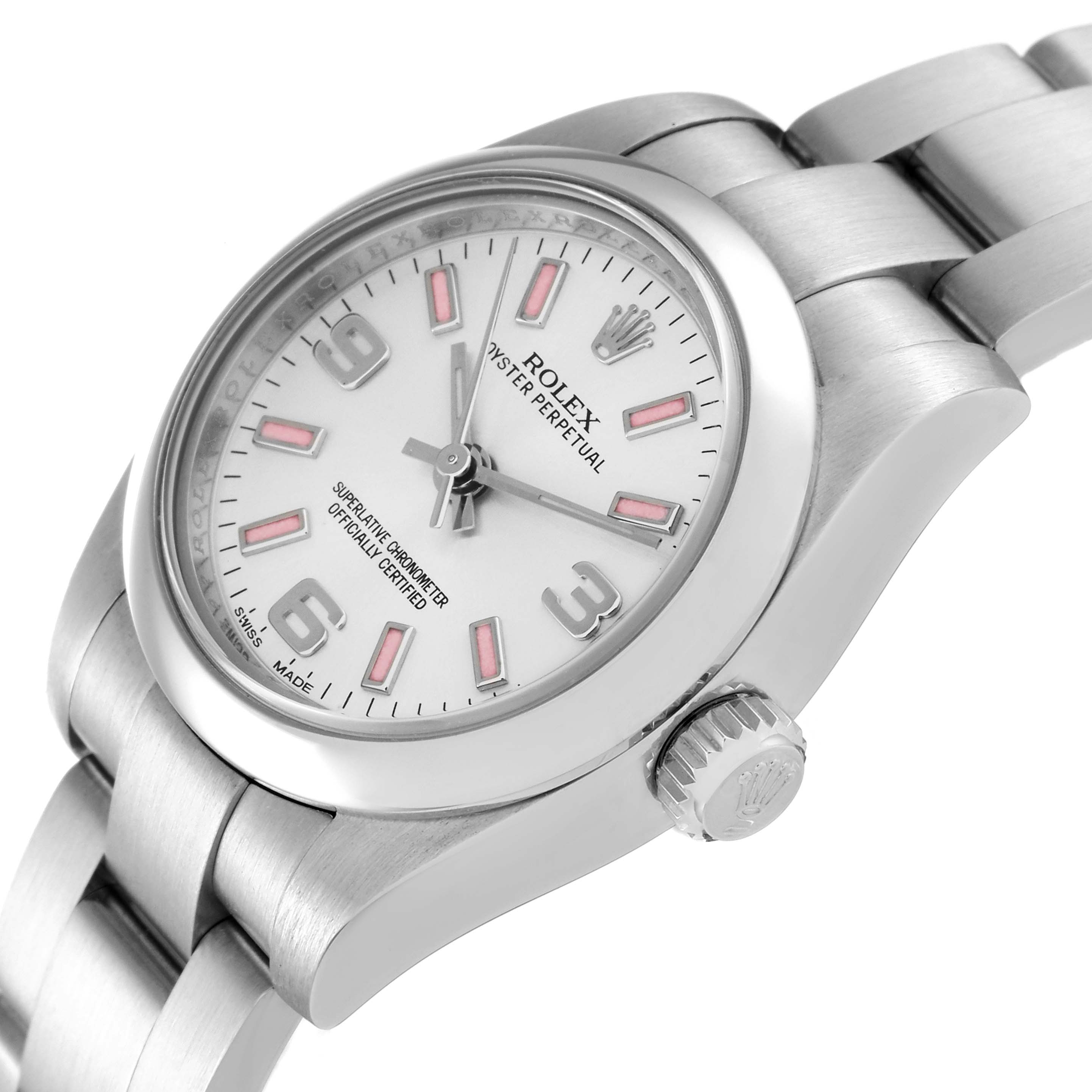 The Rolex Oyster Perpetual 176200 Women's Stainless Steel Silver Dial 176200 Women's Stainless Steel Silver Dial watch is shown at a slight angle, highlighting the dial, crown, and part of the bracelet.