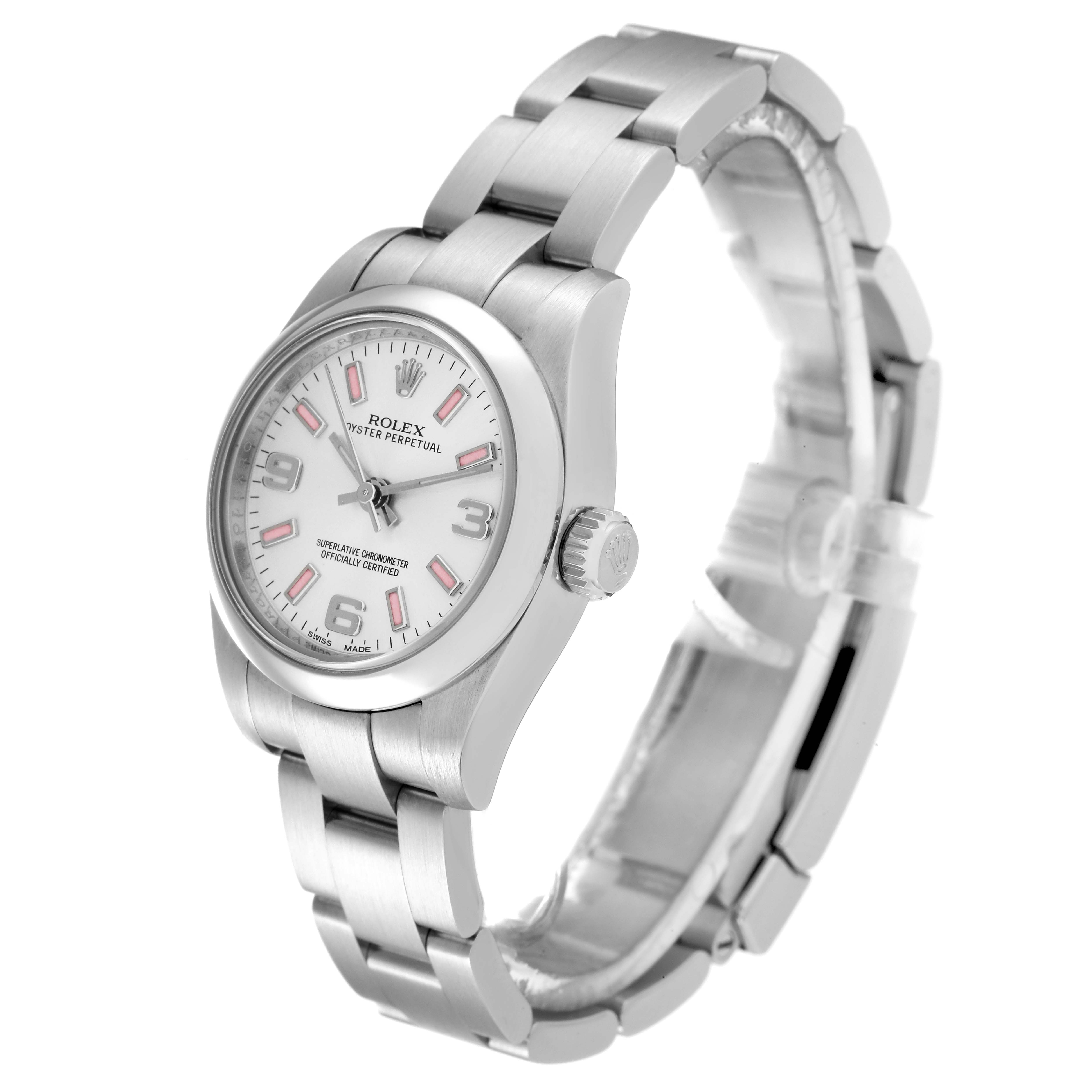 The image shows a side view of the Rolex Oyster Perpetual 176200 Women's Stainless Steel Silver Dial 176200 Women's Stainless Steel Silver Dial watch, highlighting the case, dial, and bracelet.