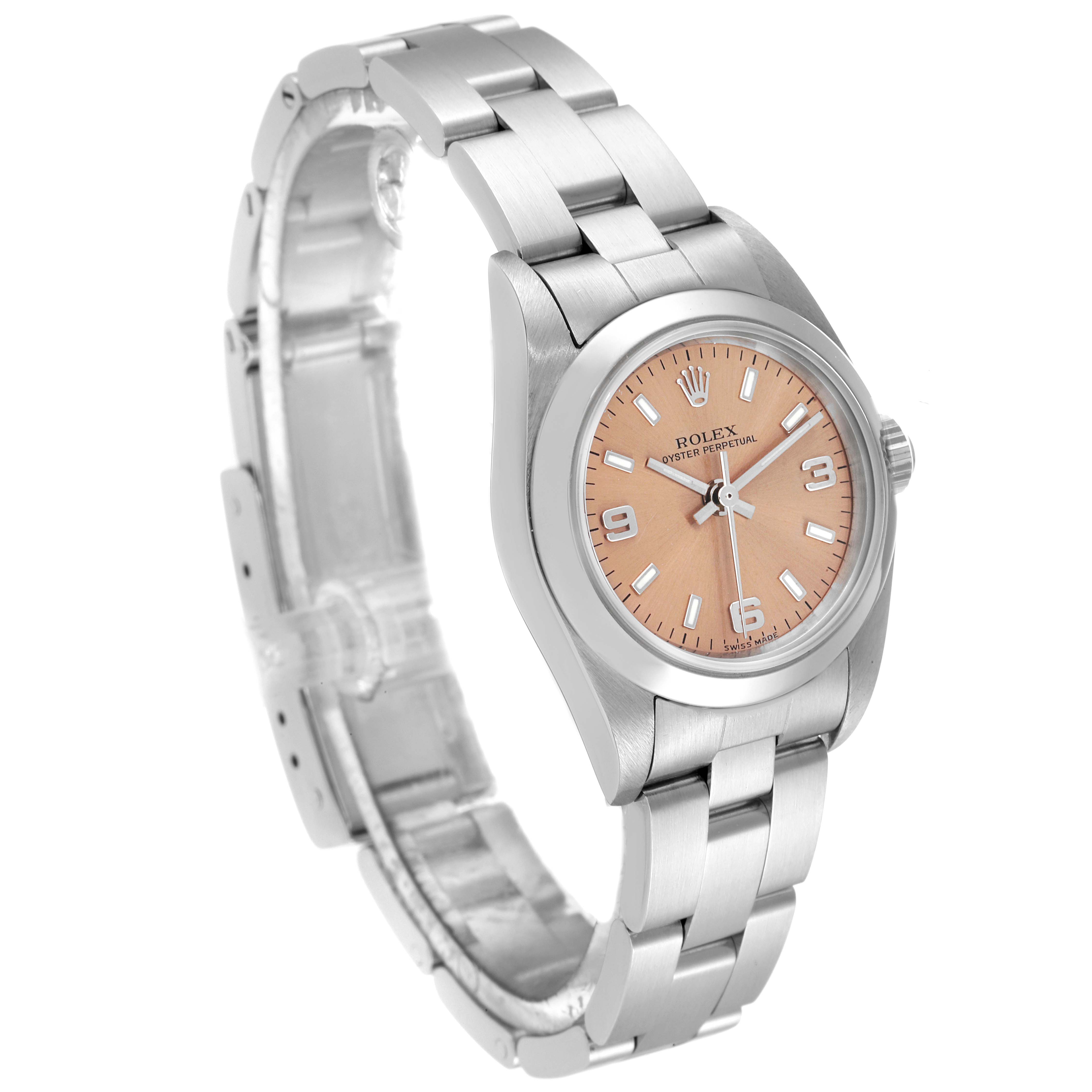 This image shows a Rolex Oyster Perpetual 76080 Women
s Stainless Steel Pink Dial 76080 Women
s Stainless Steel Pink Dial watch from a front-left angle, highlighting its bracelet, clasp, case, and dial.