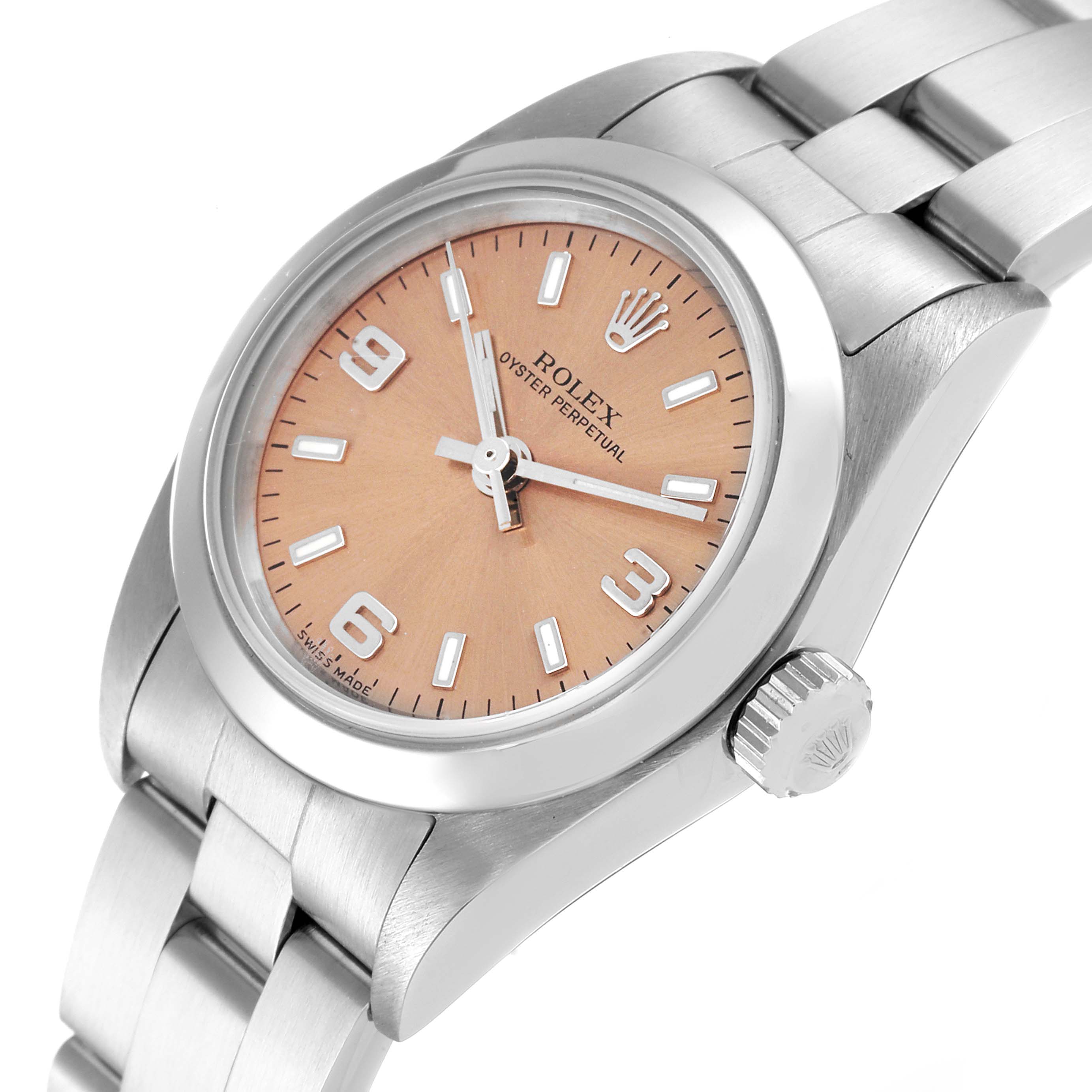 The Rolex Oyster Perpetual 76080 Women
s Stainless Steel Pink Dial 76080 Women
s Stainless Steel Pink Dial watch is shown at an angle displaying its face, bezel, bracelet, and crown.