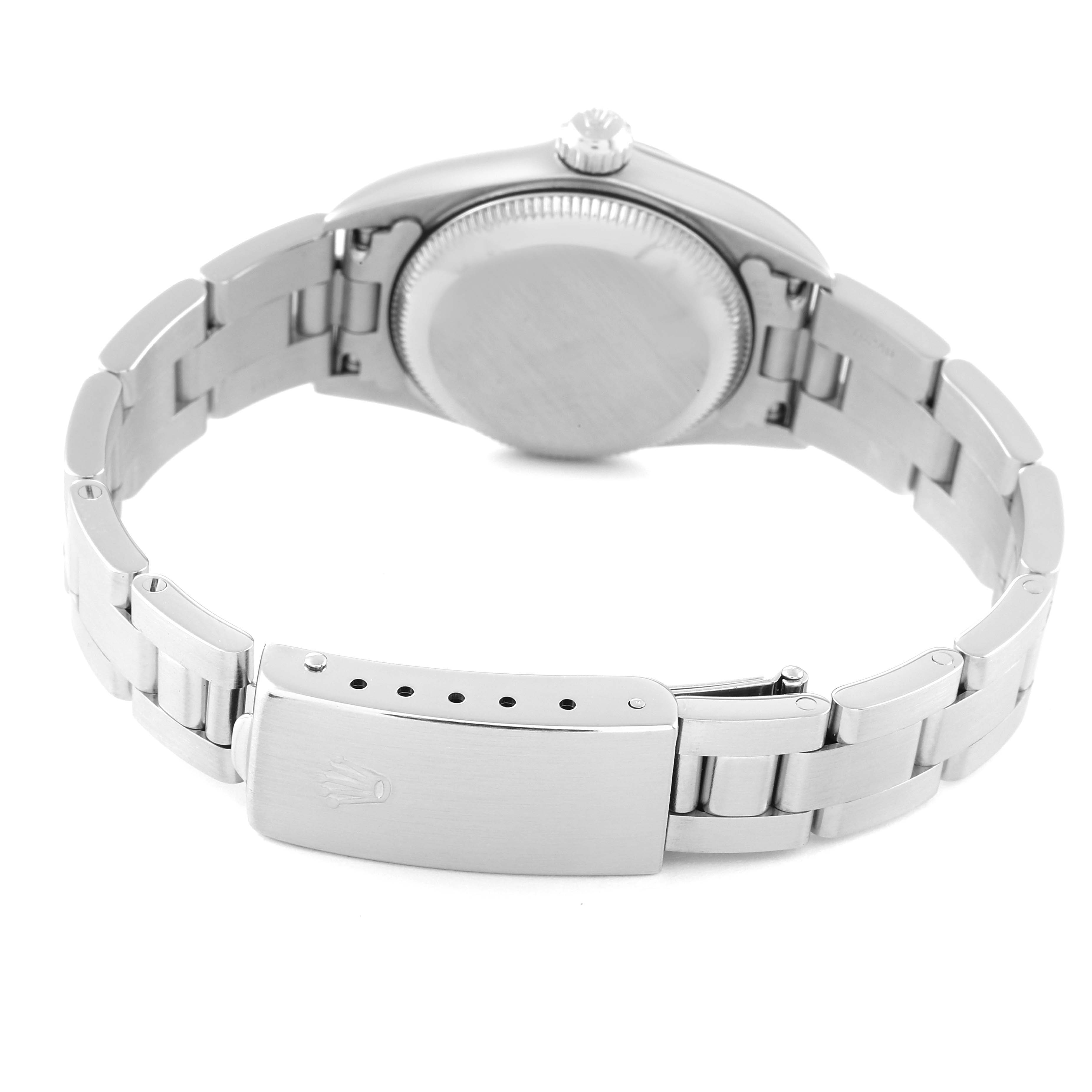 The image shows the back view of the Rolex Oyster Perpetual 76080 Women
s Stainless Steel Pink Dial 76080 Women
s Stainless Steel Pink Dial watch, highlighting the case back and bracelet clasp.