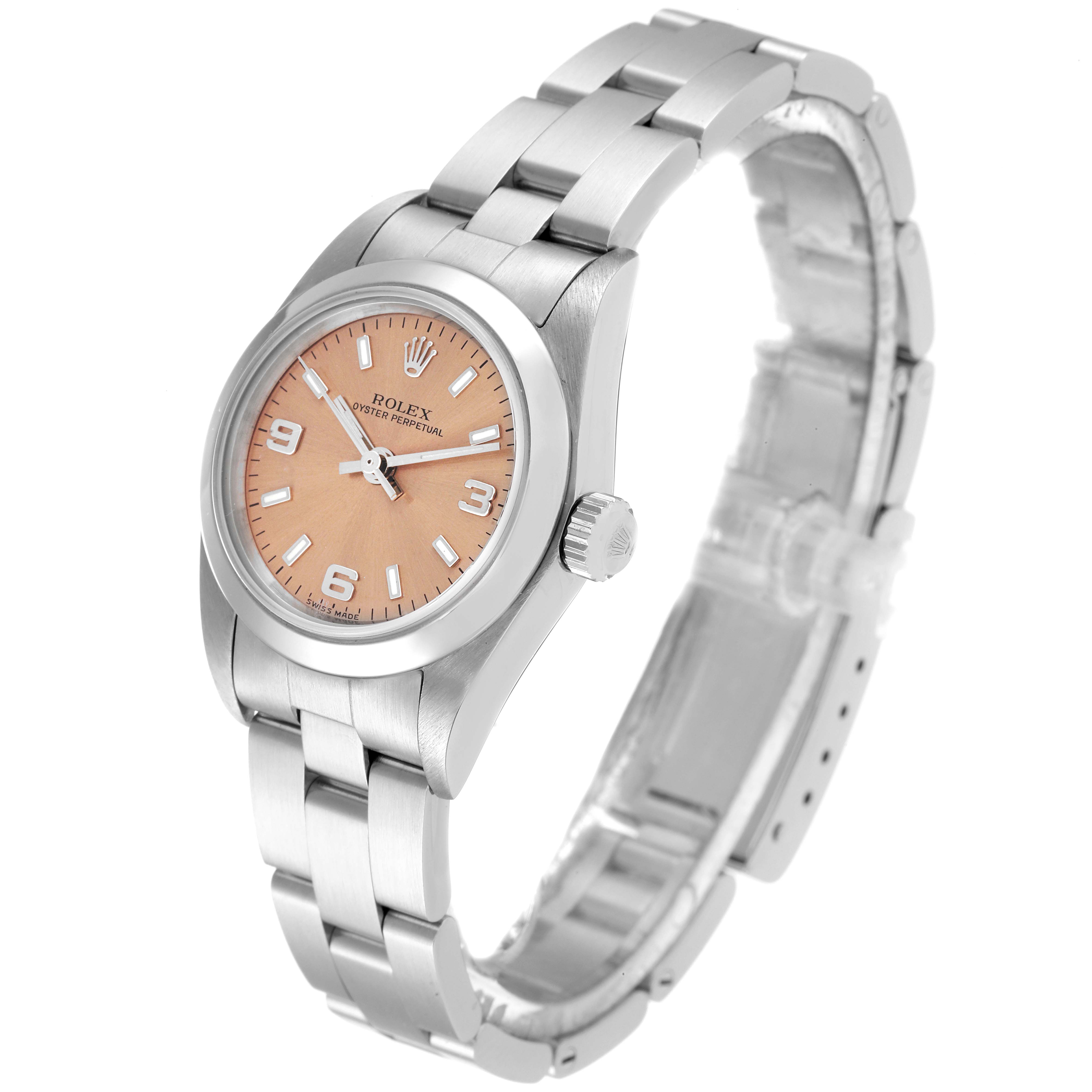 The Rolex Oyster Perpetual 76080 Women
s Stainless Steel Pink Dial 76080 Women
s Stainless Steel Pink Dial watch is shown at a three-quarter angle, displaying the face, bezel, crown, and stainless steel bracelet.