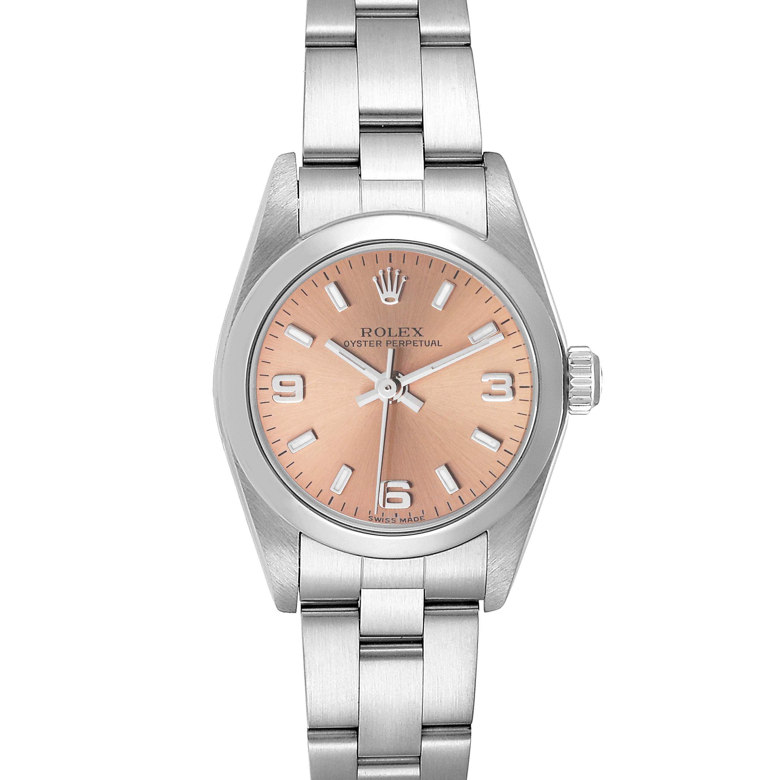 The image shows a front view of a Rolex Oyster Perpetual 76080 Women
s Stainless Steel Pink Dial 76080 Women
s Stainless Steel Pink Dial watch, displaying the face, bezel, and bracelet.