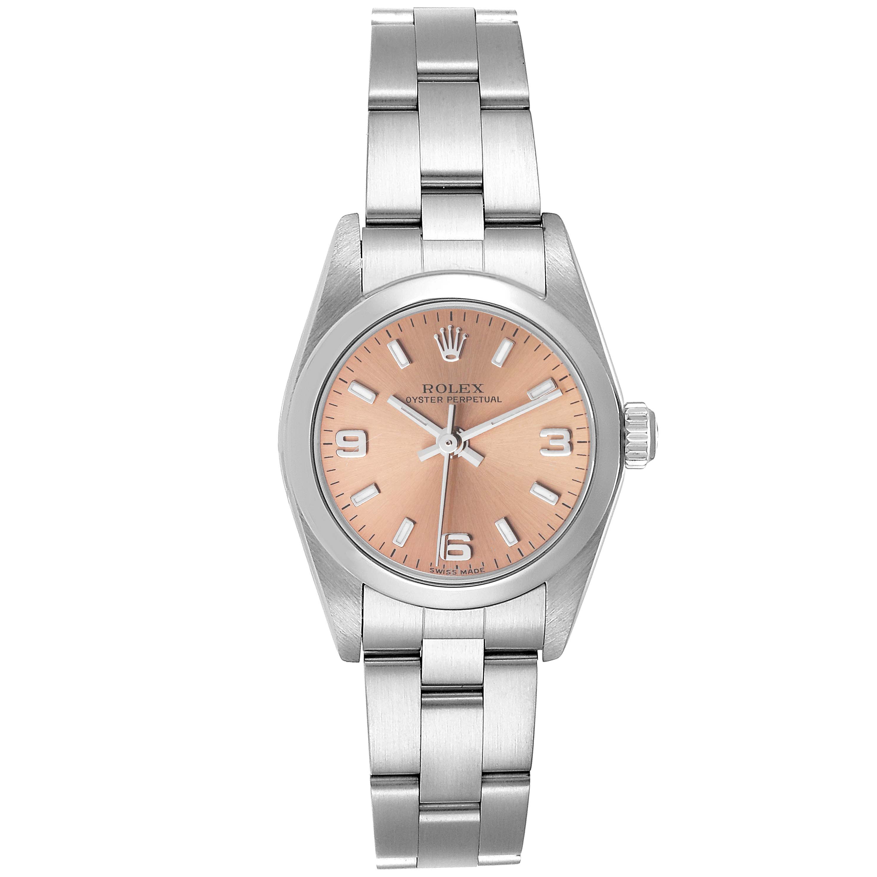 This image shows a front view of a Rolex Oyster Perpetual 76080 Women
s Stainless Steel Pink Dial 76080 Women
s Stainless Steel Pink Dial watch, highlighting the dial, bezel, case, and bracelet.