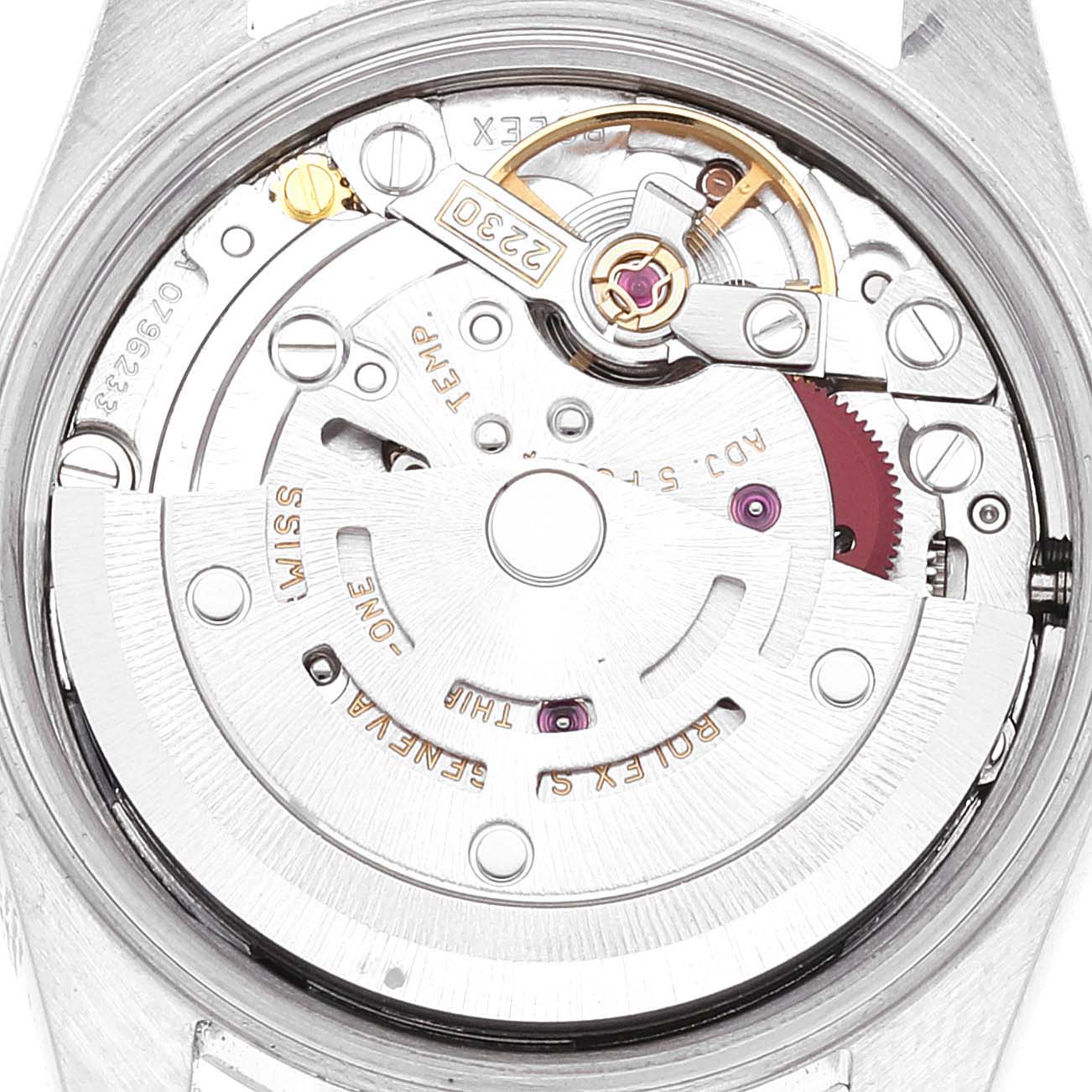 This is a close-up view of the movement inside the Rolex Oyster Perpetual 76080 Women
s Stainless Steel Pink Dial 76080 Women
s Stainless Steel Pink Dial watch.