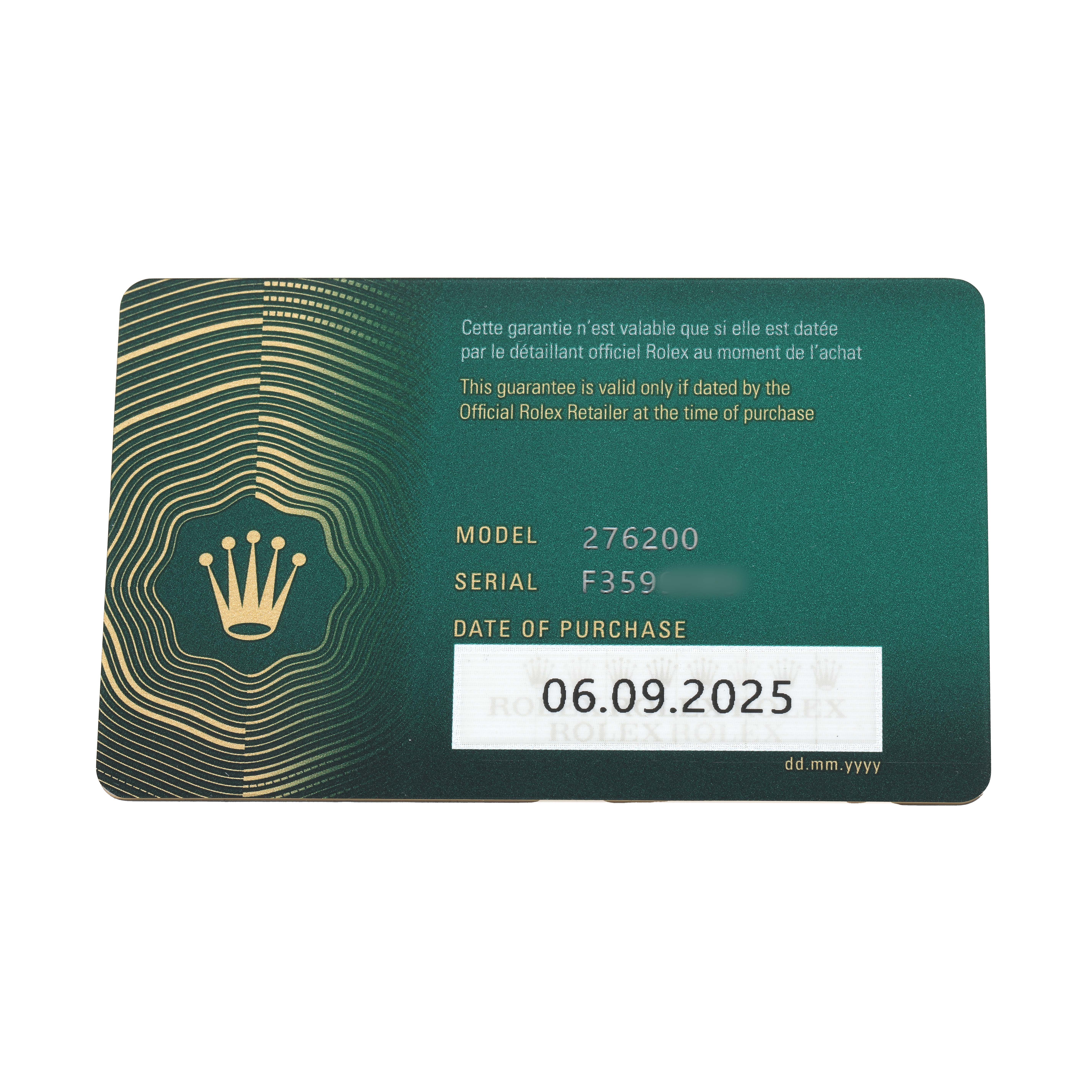 The image shows a warranty card for the Rolex Oyster Perpetual 276200 Women
s Stainless Steel Green Dial, displaying the model, serial number, and purchase date details.