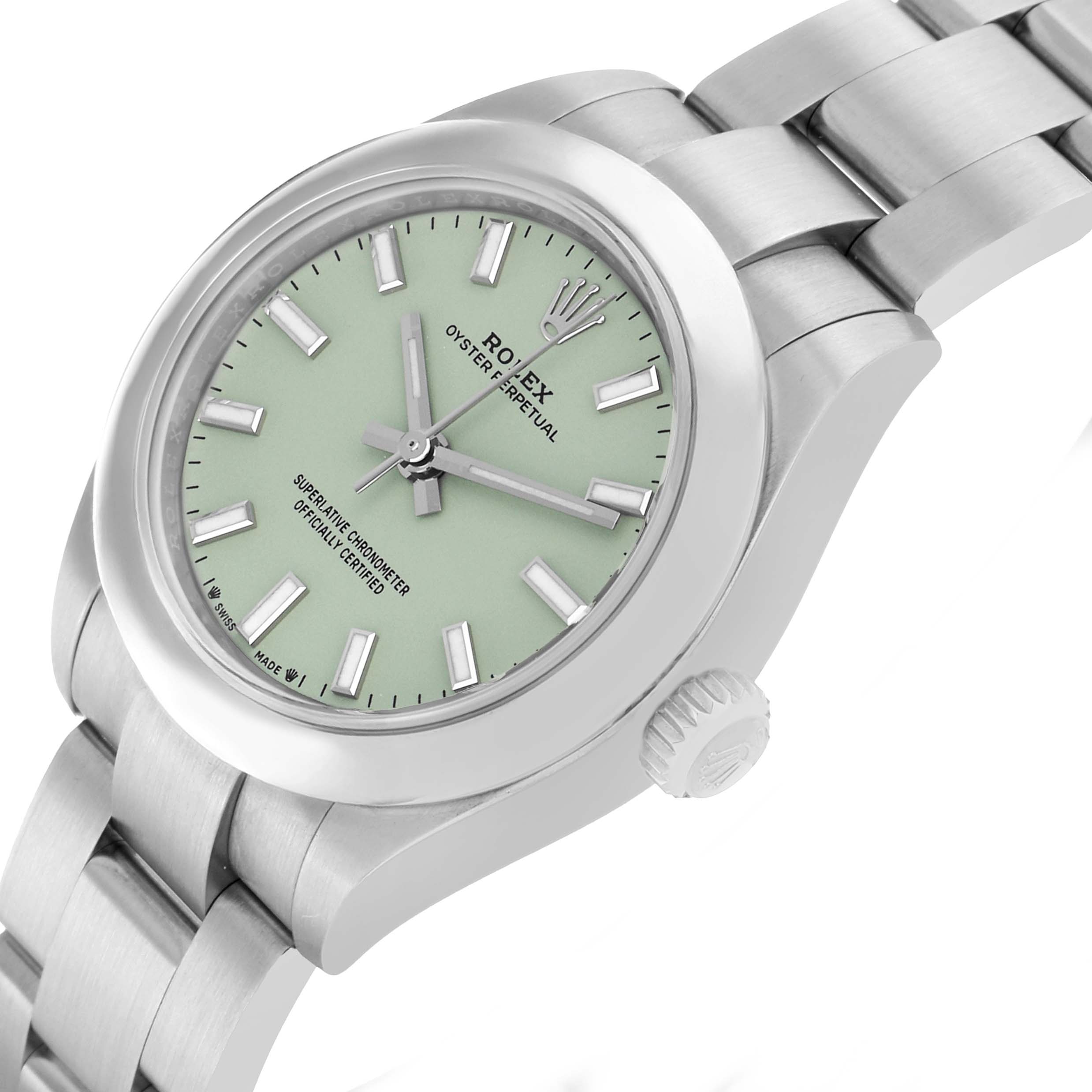 The Rolex Oyster Perpetual 276200 Women
s Stainless Steel Green Dial watch is shown at a side angle, displaying the dial, crown, and part of the bracelet.