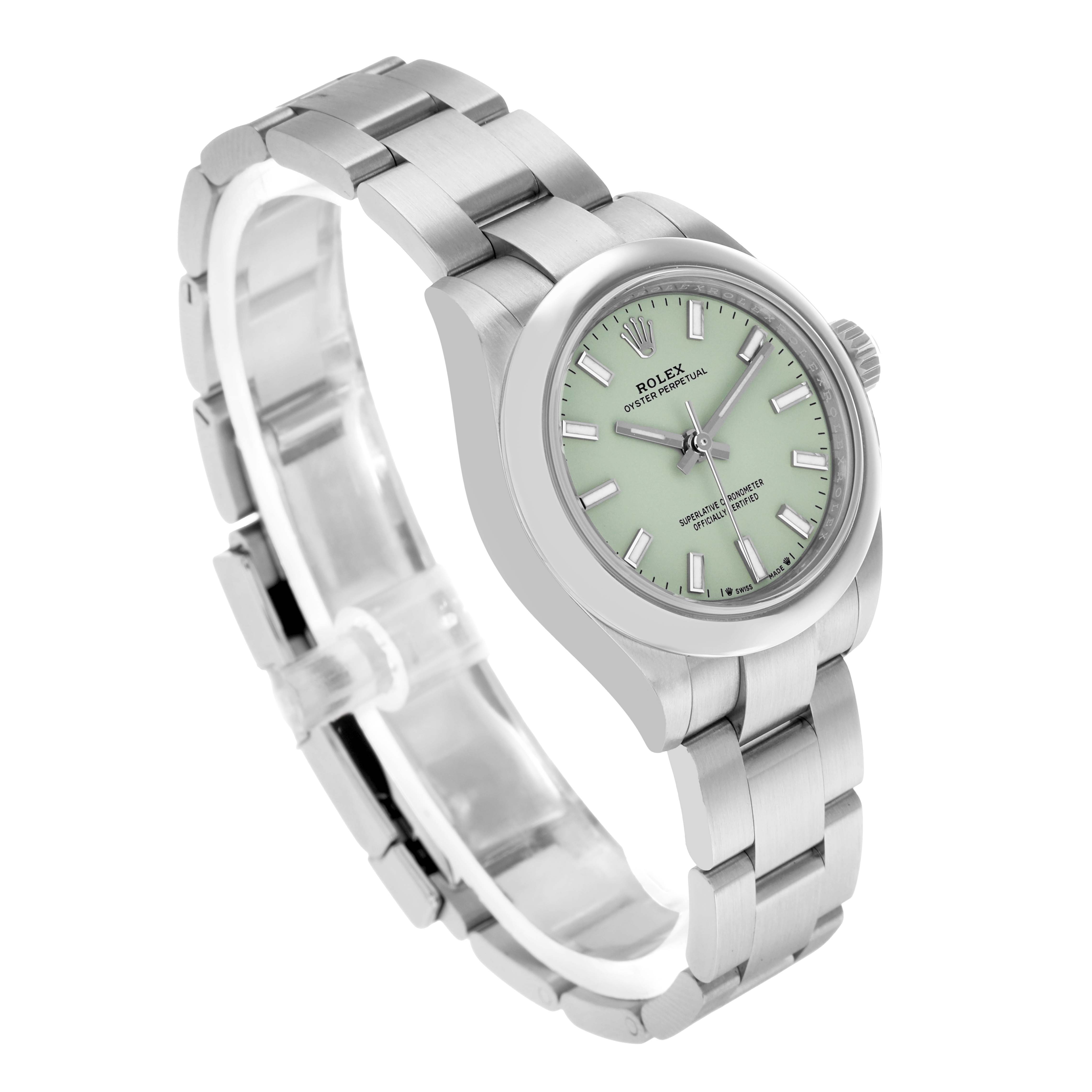 The Rolex Oyster Perpetual 276200 Women
s Stainless Steel Green Dial watch is shown at a slight angle, displaying the bracelet, clasp, case, and dial.