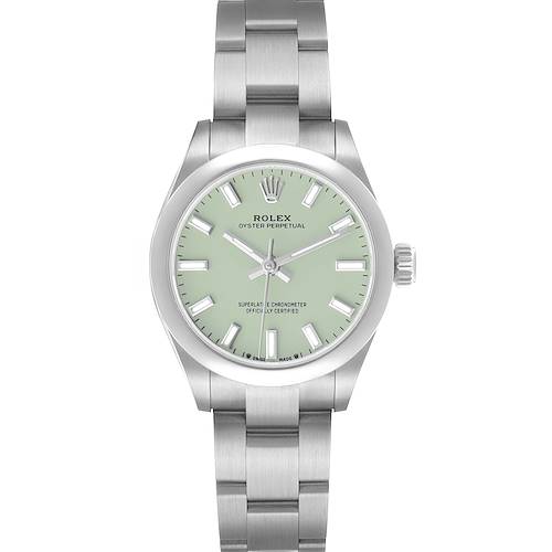 The Rolex Oyster Perpetual 276200 Women's Stainless Steel Green Dial watch is shown from a front angle, displaying the dial, case, bezel, crown, and bracelet.