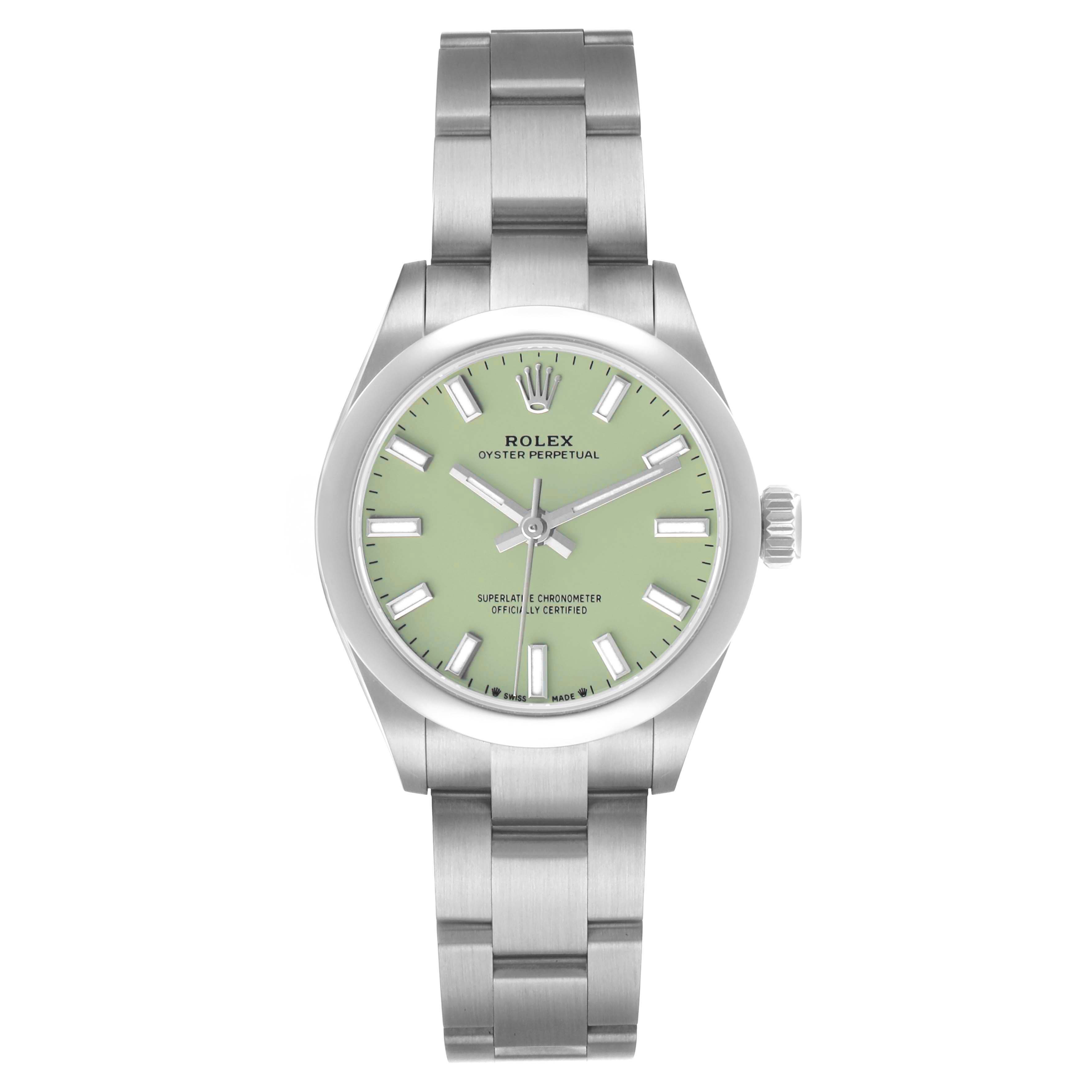 The Rolex Oyster Perpetual 276200 Women
s Stainless Steel Green Dial watch is shown from a front angle, highlighting its dial, bezel, case, and bracelet.
