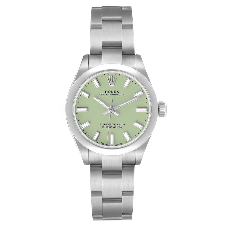 The Rolex Oyster Perpetual 276200 Women's Stainless Steel Green Dial watch is shown from a front angle, highlighting its dial, bezel, case, and bracelet.