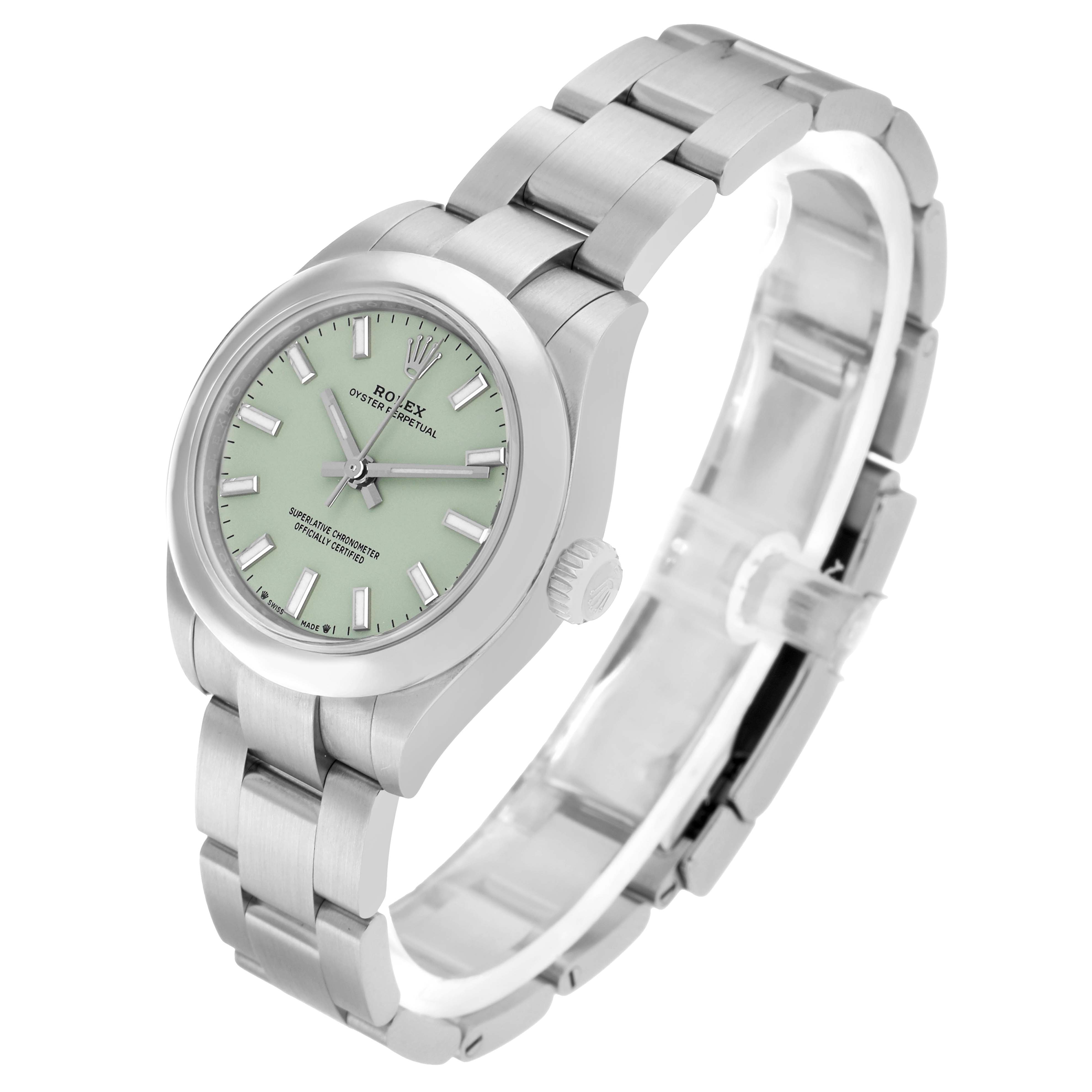 The Rolex Oyster Perpetual 276200 Women
s Stainless Steel Green Dial watch is shown at a three-quarter angle, highlighting the dial, bezel, and bracelet.