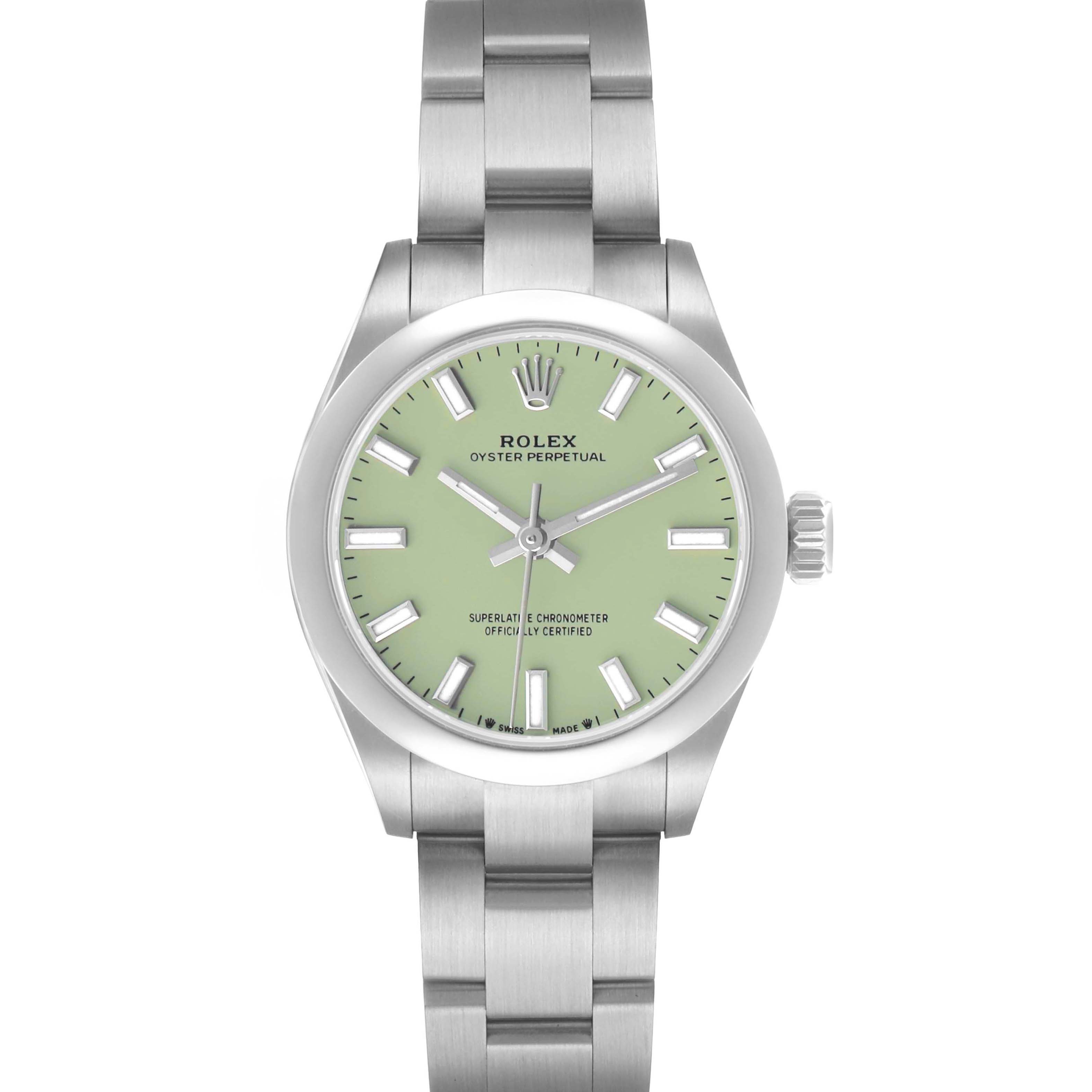 The Rolex Oyster Perpetual 276200 Women
s Stainless Steel Green Dial watch is shown from the front, displaying its face, bezel, bracelet, and crown.