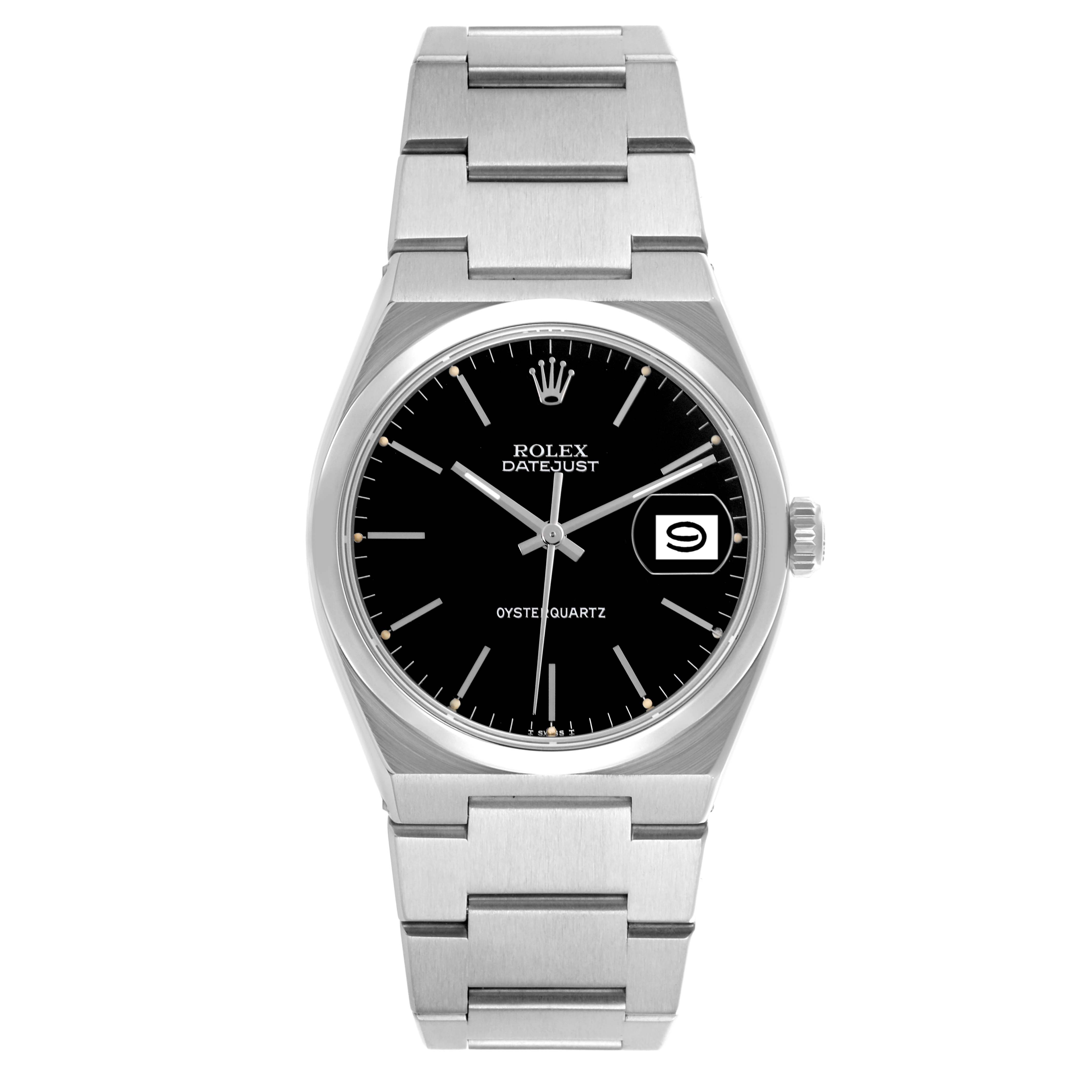 The Rolex Oysterquartz 17000 Men's Stainless Steel Black Dial 17000 Men's Stainless Steel Black Dial watch is shown from a top view highlighting the dial, bezel, and bracelet.