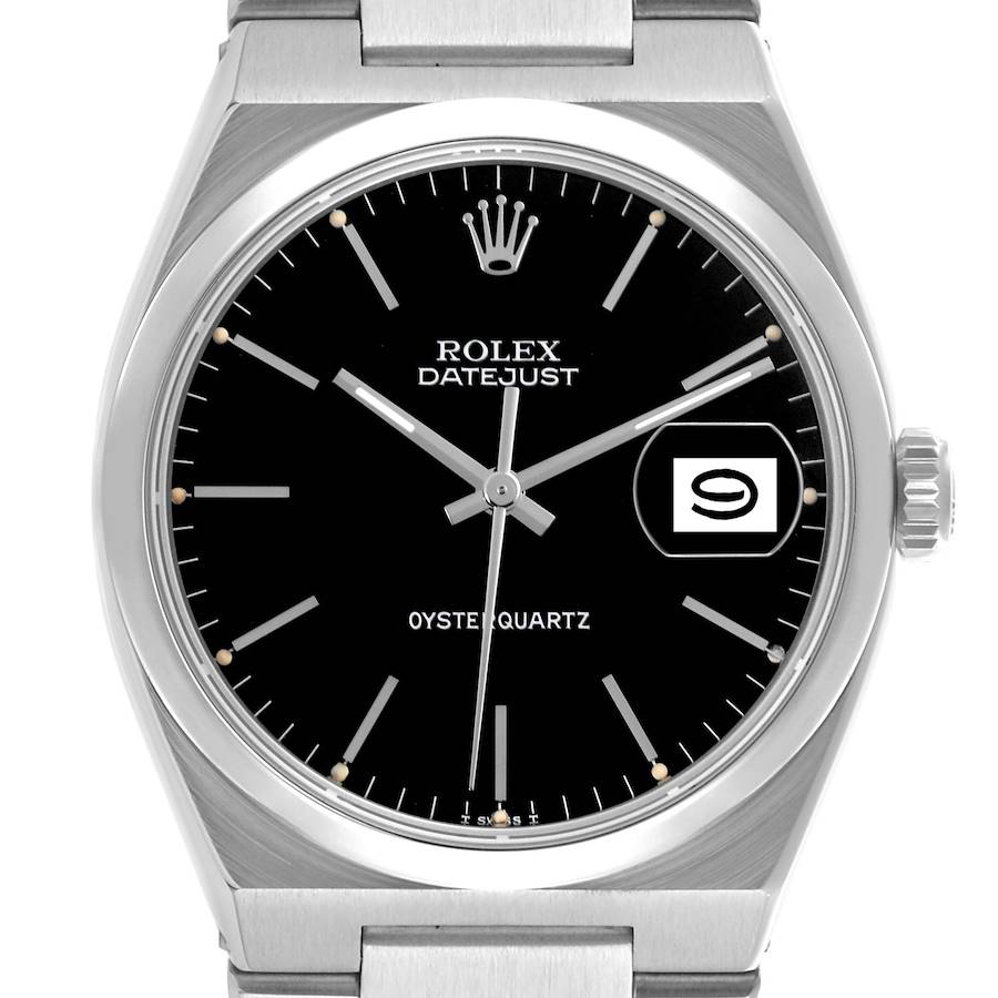 This Rolex Oysterquartz watch is shown from the front, displaying the dial, hands, bezel, and part of the bracelet.