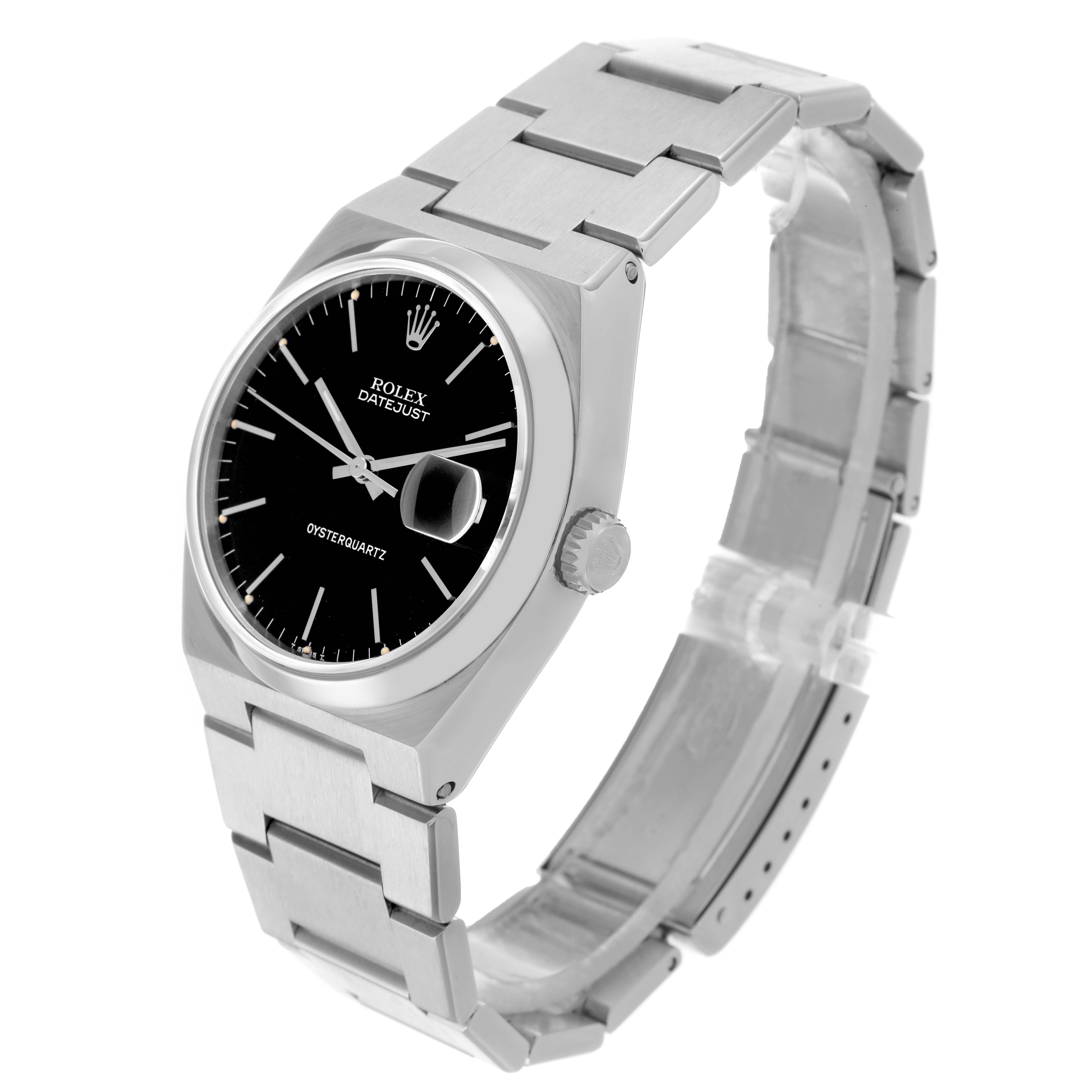 The Rolex Oysterquartz 17000 Men's Stainless Steel Black Dial 17000 Men's Stainless Steel Black Dial watch is shown at a side angle, highlighting its face, bracelet, and crown.