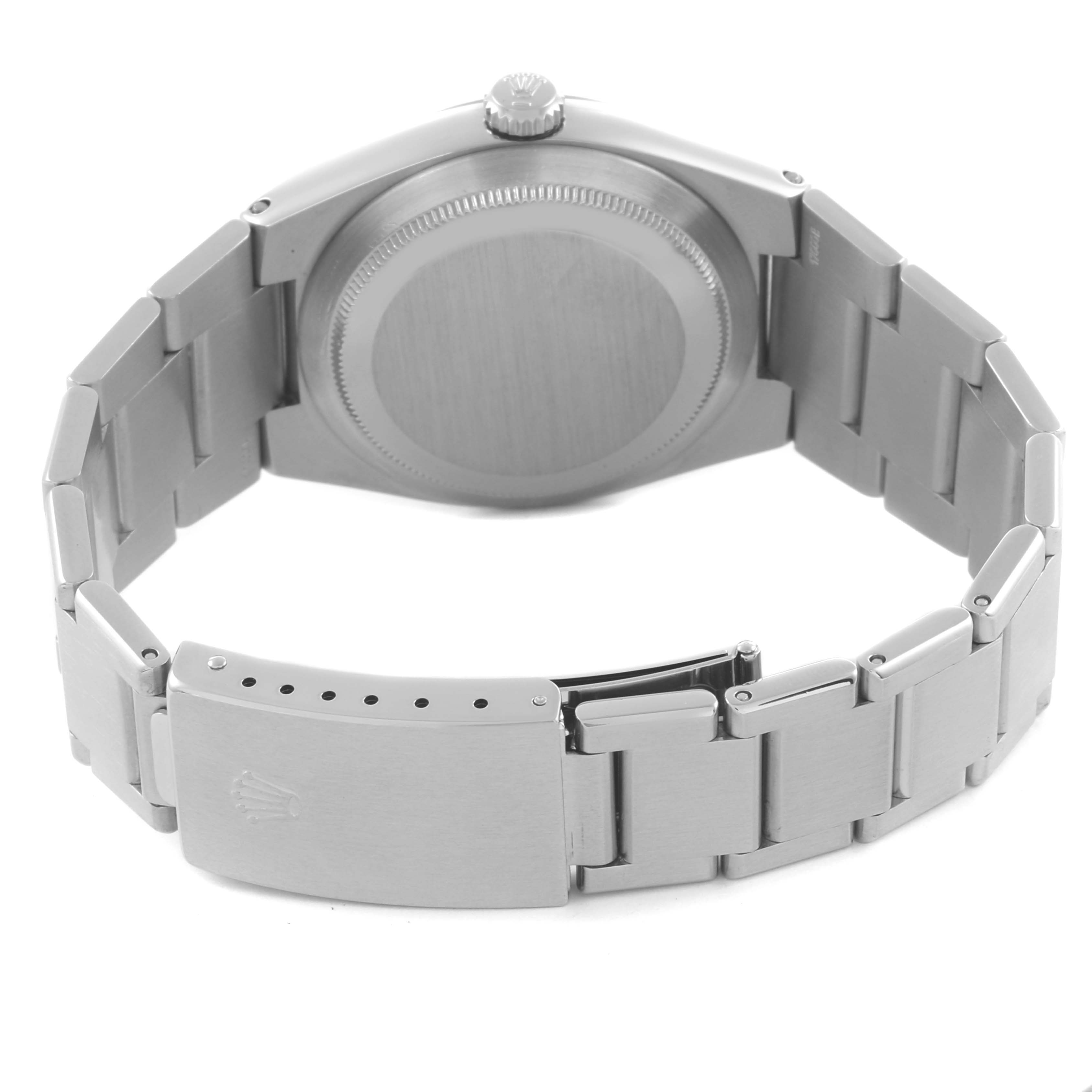 The image shows the back side of a Rolex Oysterquartz 17000 Men's Stainless Steel Black Dial 17000 Men's Stainless Steel Black Dial watch, highlighting the bracelet and clasp.