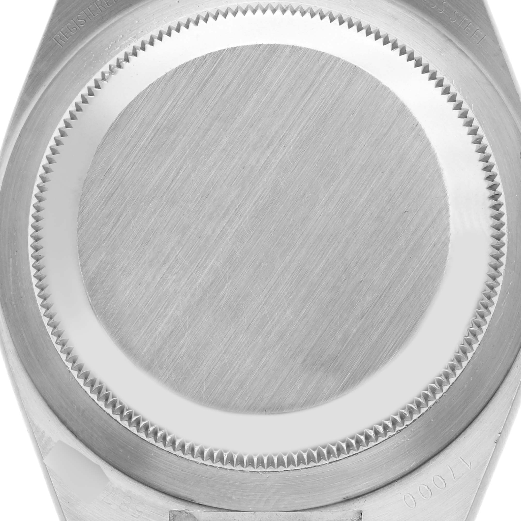 The image shows the back case of a Rolex Oysterquartz 17000 Men's Stainless Steel Black Dial 17000 Men's Stainless Steel Black Dial watch from a top-down perspective.