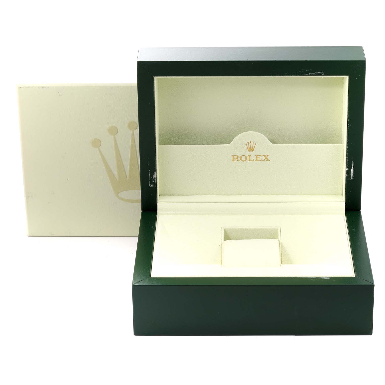 This image shows an empty Rolex Pearlmaster 80299 Women's White Gold Black Dial 80299 Women's White Gold Black Dial watch box from a slightly elevated front angle.