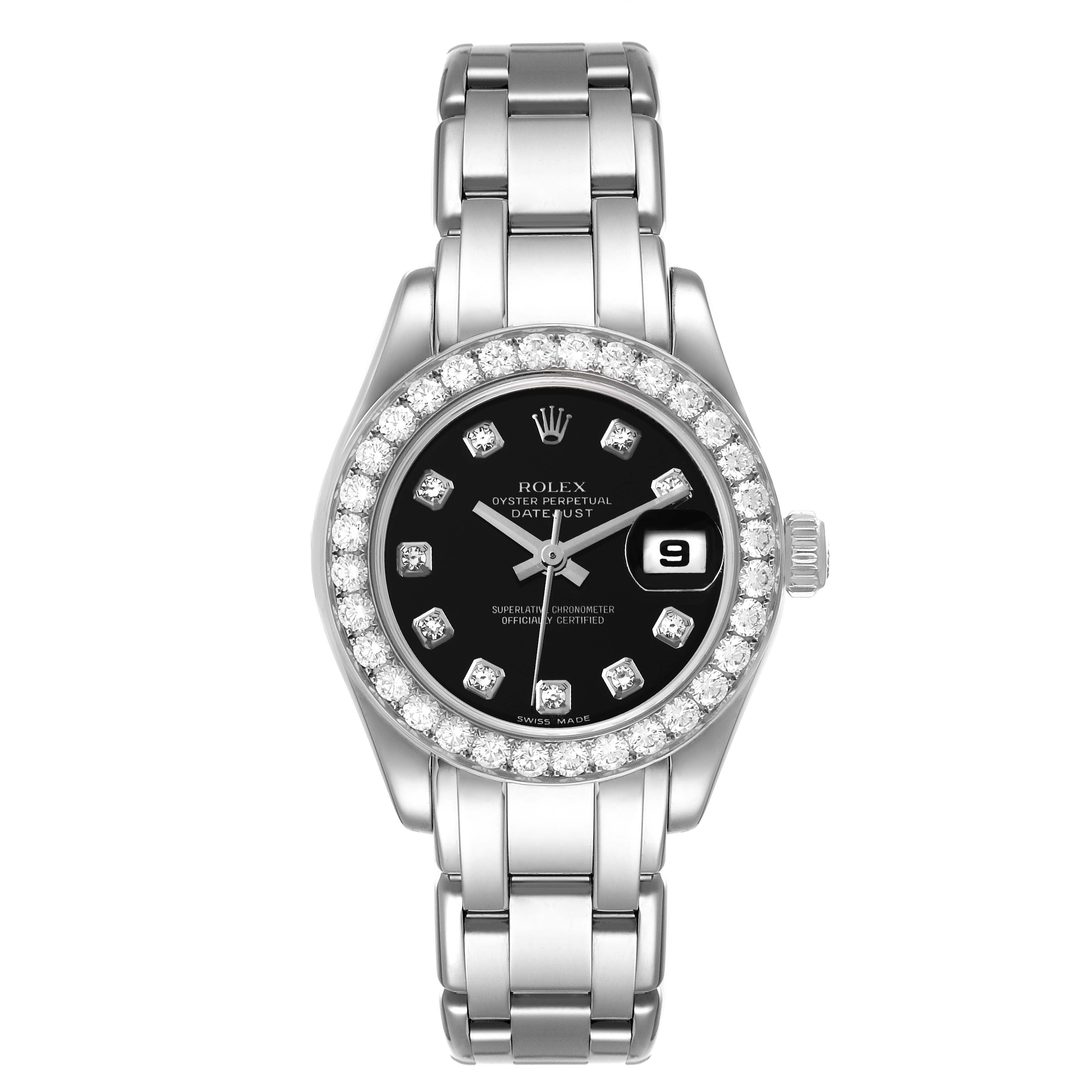 The image shows a front view of the Rolex Pearlmaster 80299 Women's White Gold Black Dial 80299 Women's White Gold Black Dial watch, highlighting its dial, bezel, and bracelet.