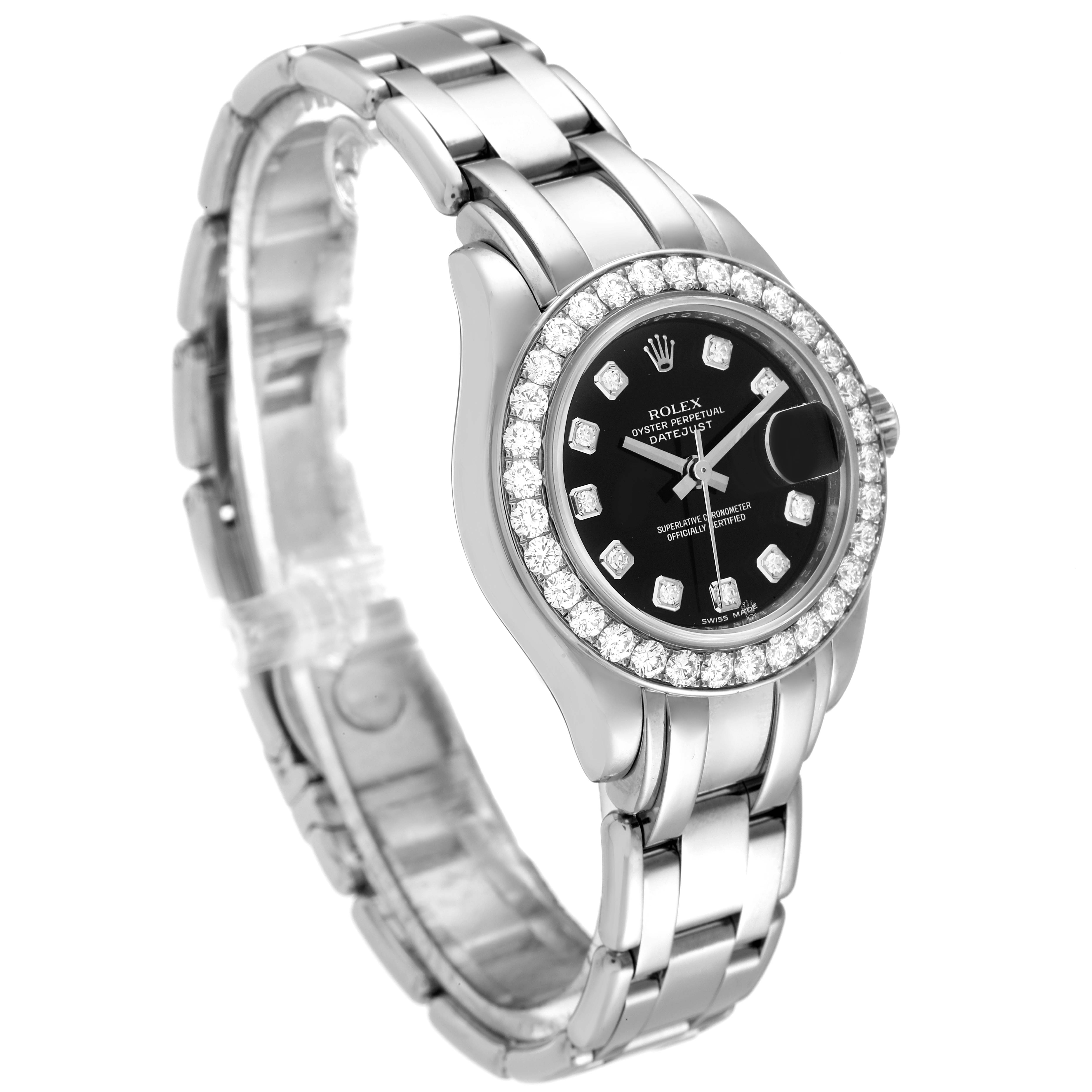 The image shows a Rolex Pearlmaster 80299 Women's White Gold Black Dial 80299 Women's White Gold Black Dial watch, focusing on the face, bezel, and bracelet from an angled front view.