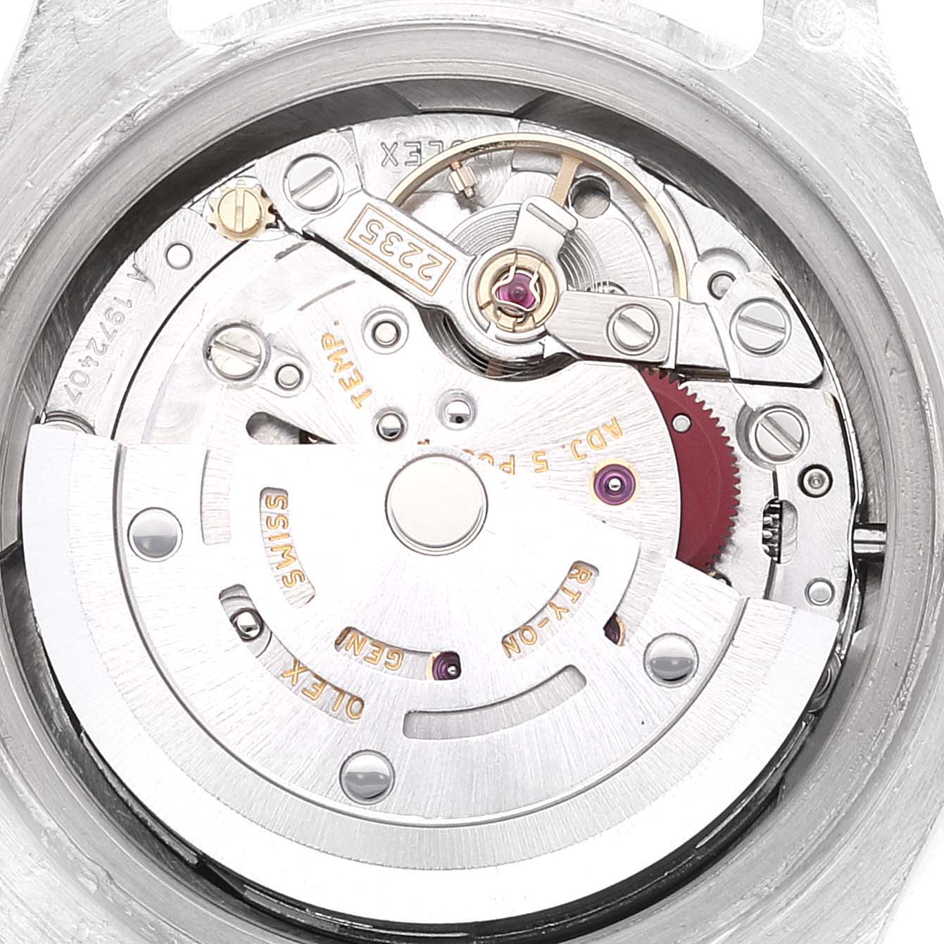 This image shows the intricate internal mechanism of a Rolex Pearlmaster 80299 Women's White Gold Black Dial 80299 Women's White Gold Black Dial watch from a top-down angle.