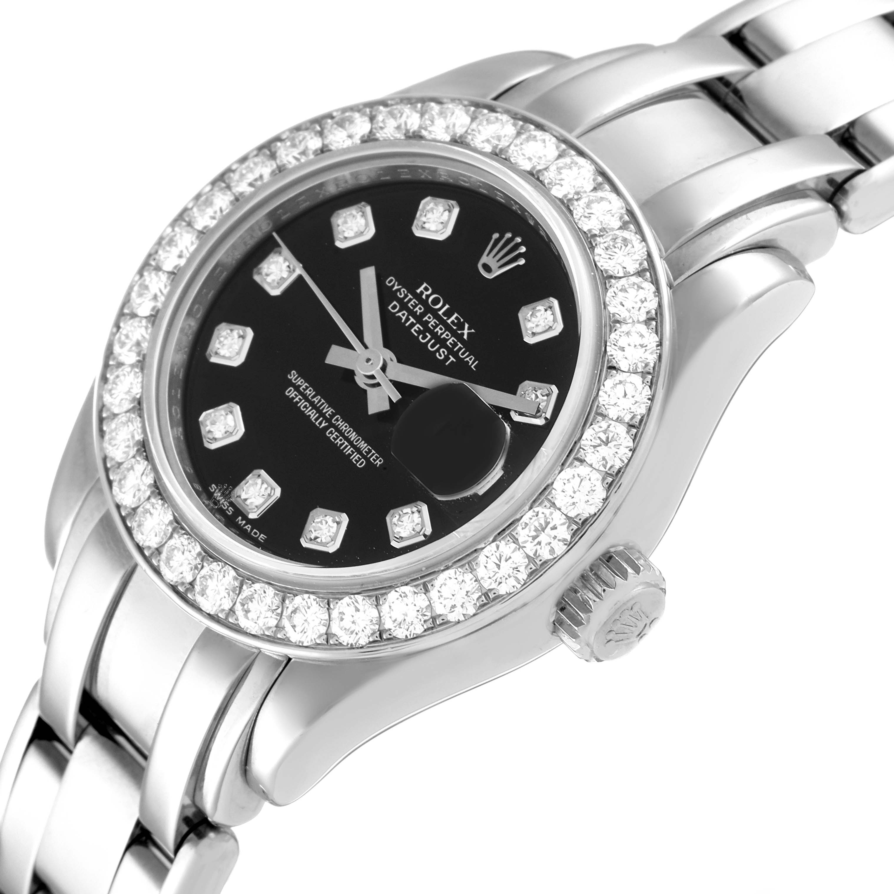 The Rolex Pearlmaster 80299 Women's White Gold Black Dial 80299 Women's White Gold Black Dial is shown at an angle displaying its diamond-encrusted bezel, black dial, and part of the bracelet.