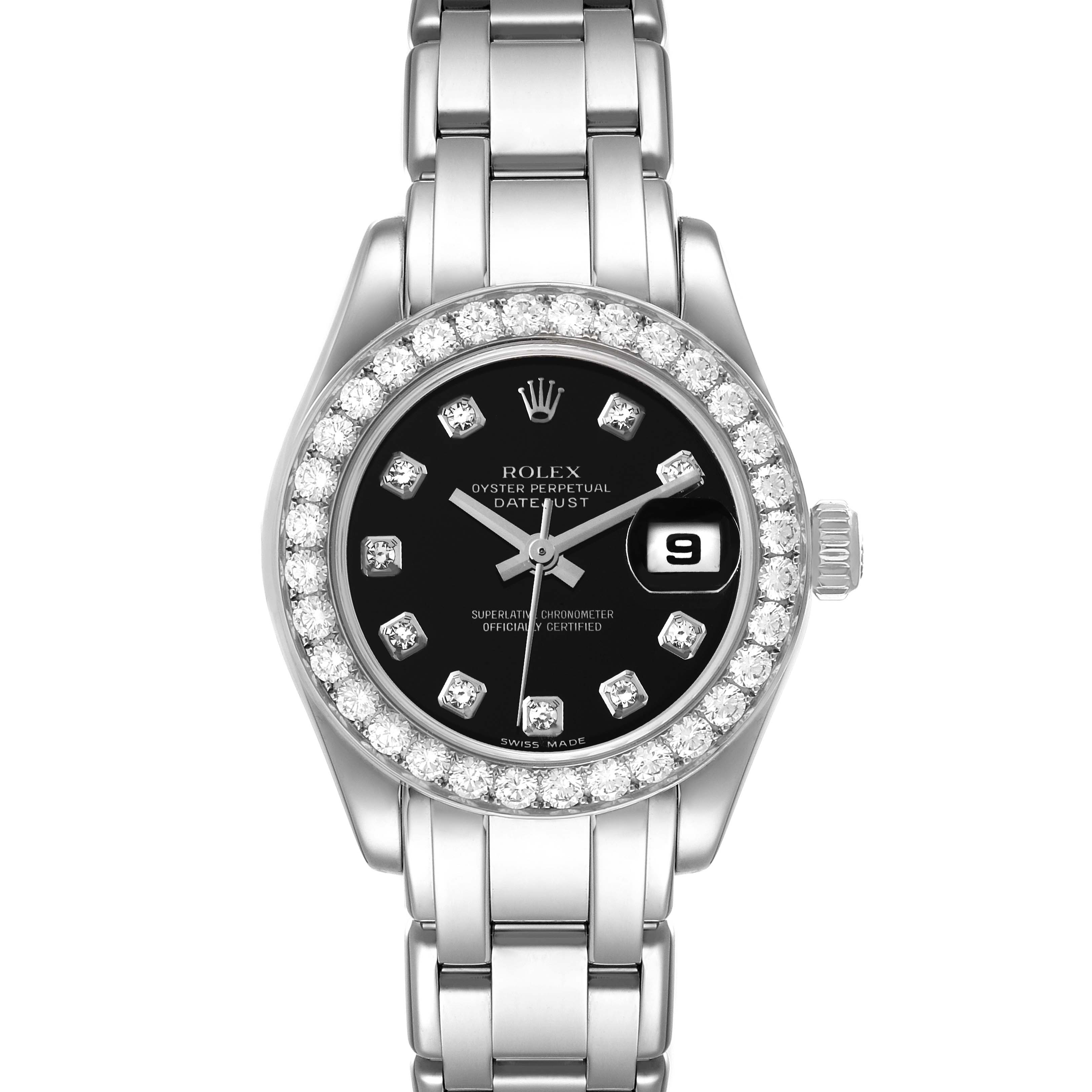 The image shows a front view of the Rolex Pearlmaster 80299 Women's White Gold Black Dial 80299 Women's White Gold Black Dial watch, featuring a black dial, diamond bezel, and metal bracelet.
