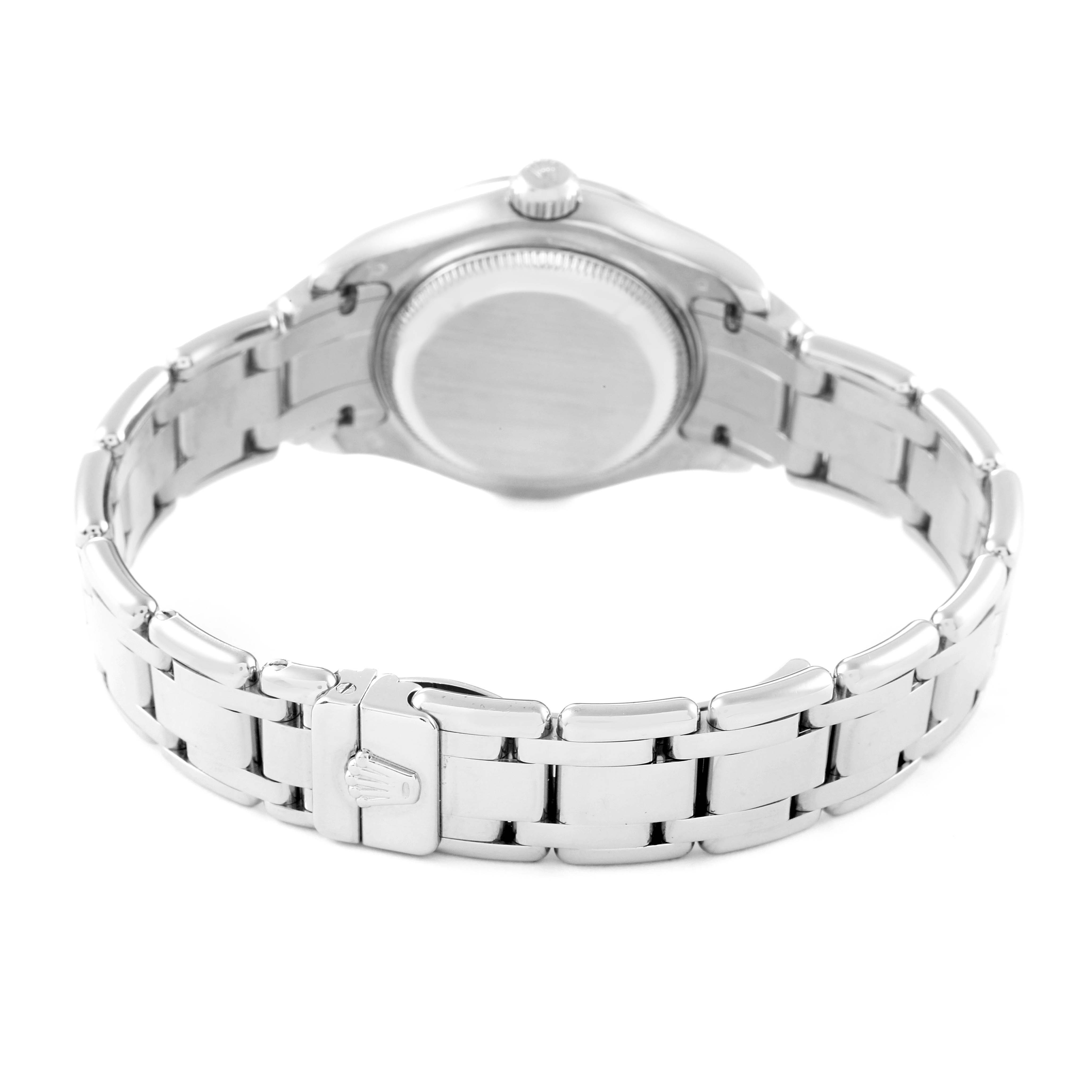 The image shows the backside and clasp of the Rolex Pearlmaster 80299 Women's White Gold Black Dial 80299 Women's White Gold Black Dial watch, highlighting the metal band and case back.