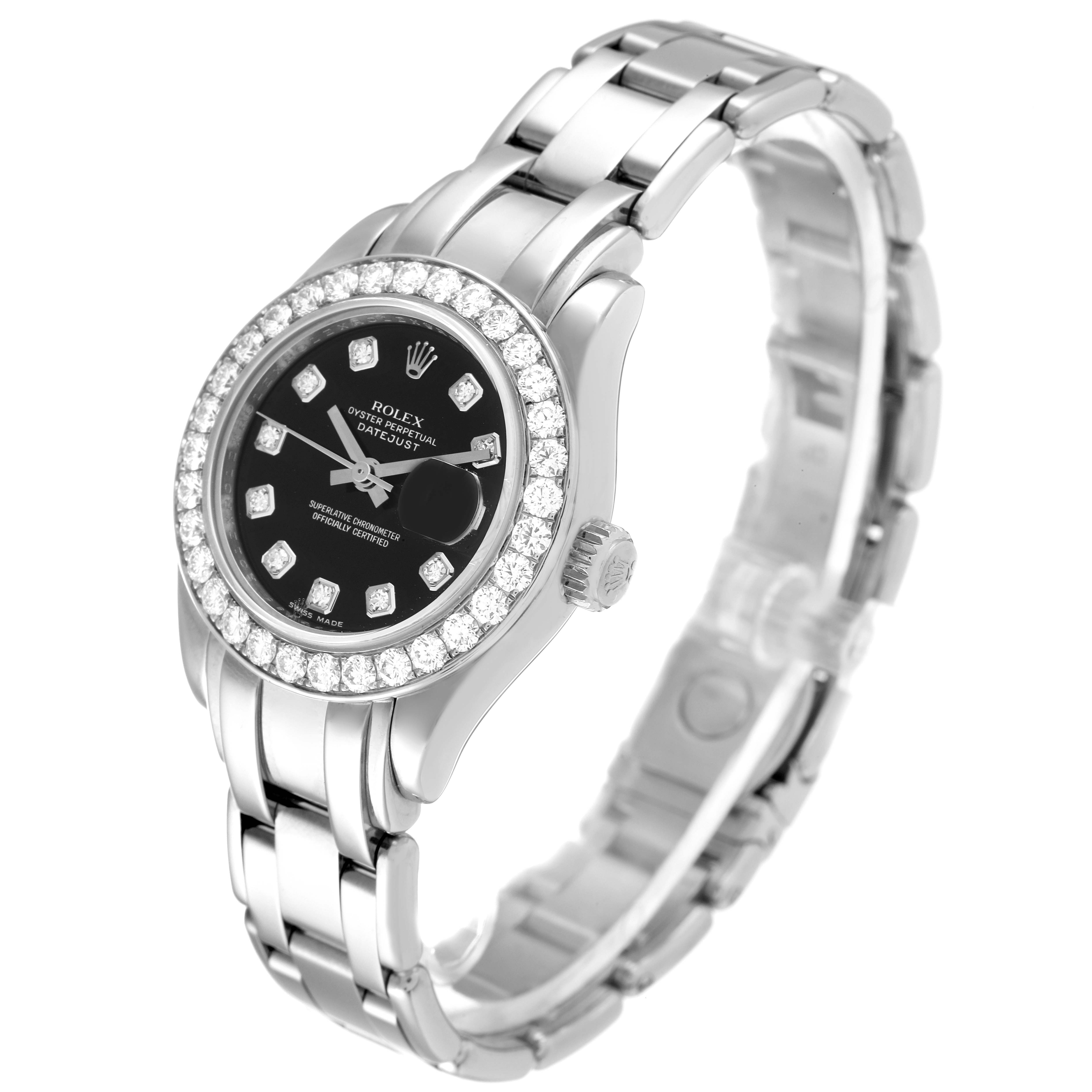 The Rolex Pearlmaster 80299 Women's White Gold Black Dial 80299 Women's White Gold Black Dial watch is shown at a slight angle, featuring its face, bezel, bracelet, and crown.