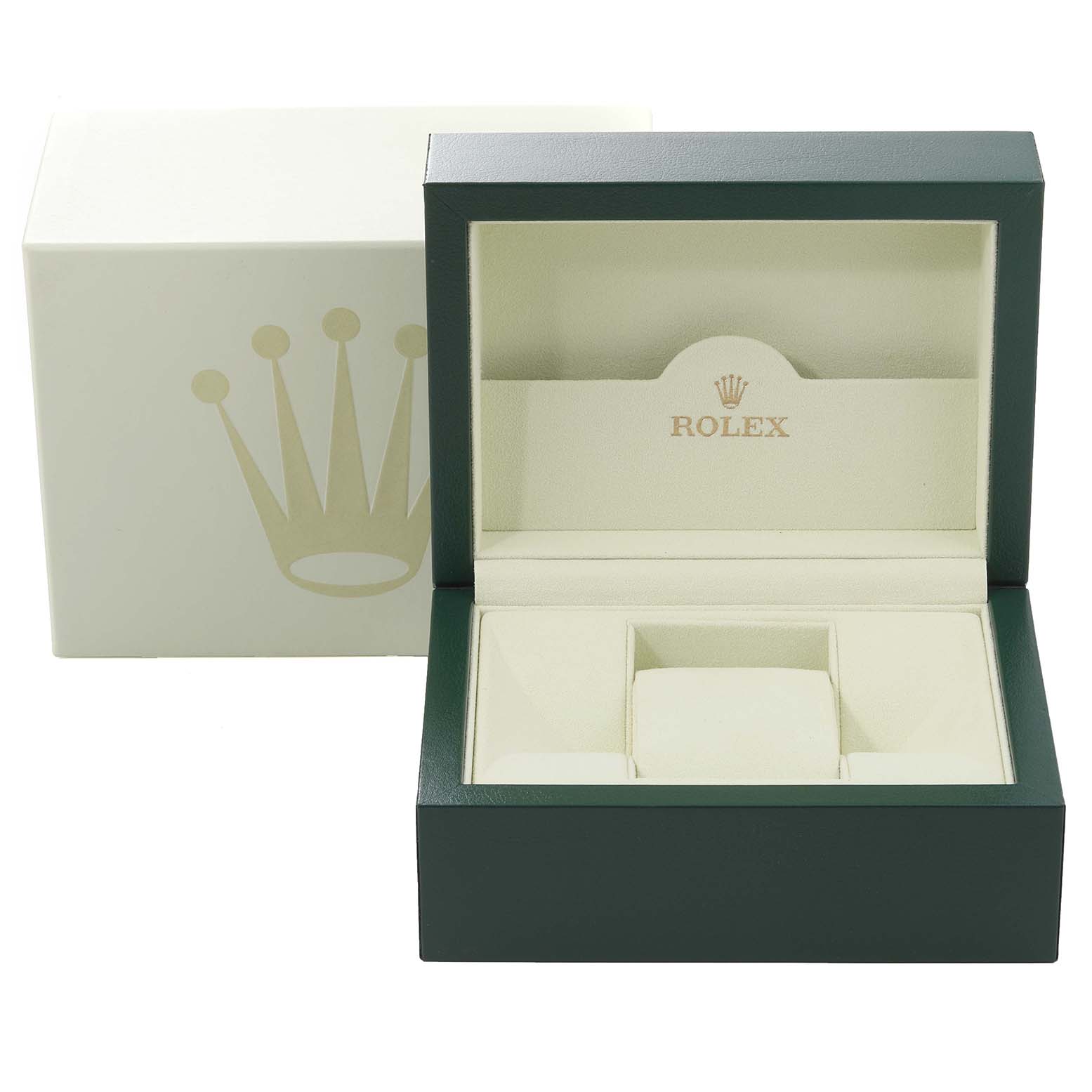 The image shows an open Rolex box for the President model, featuring a green exterior and cream interior with the brand logo.