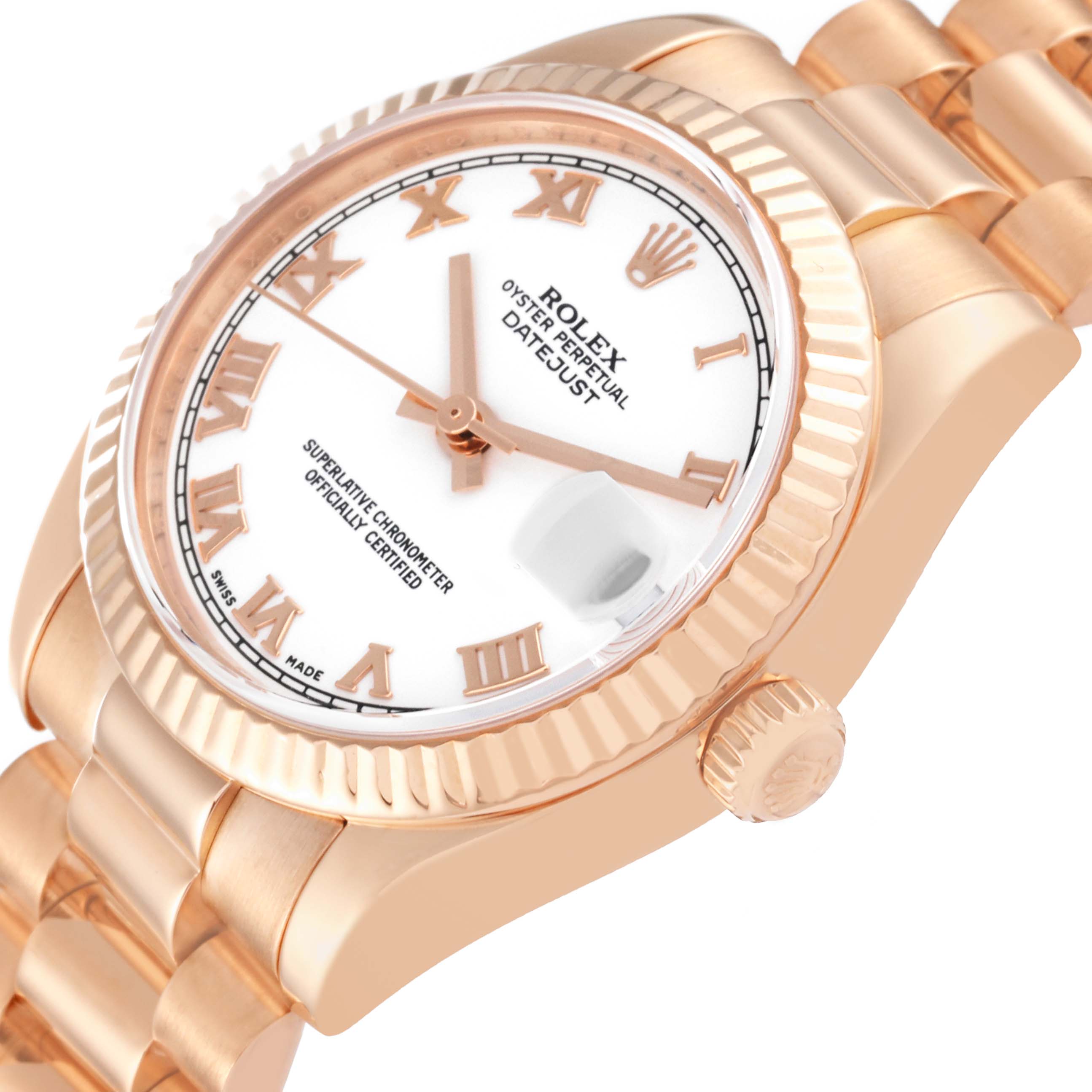 The image shows a Rolex President 178275 Women's Rose Gold White Dial 178275 Women's Rose Gold White Dial model watch at an oblique angle, highlighting the dial, bezel, crown, and bracelet.