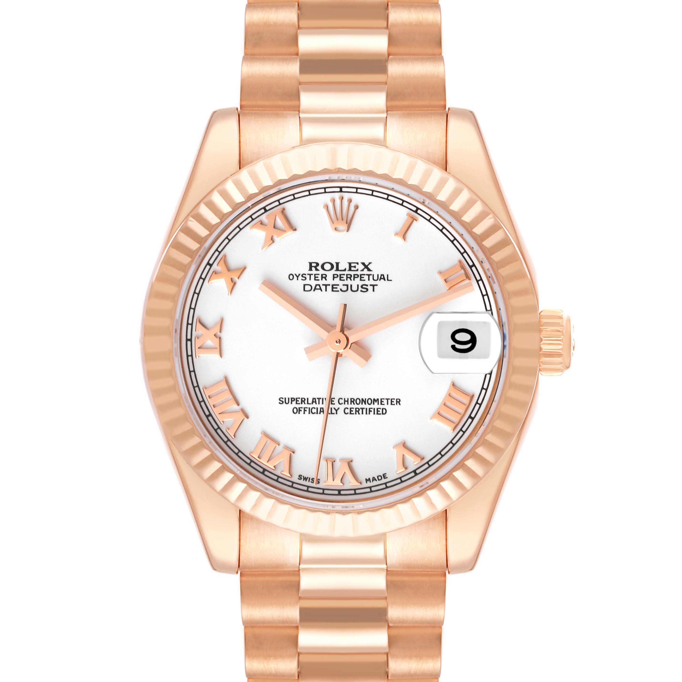 The image displays a Rolex President 178275 Women's Rose Gold White Dial 178275 Women's Rose Gold White Dial model watch from a front angle, showcasing its dial, bezel, case, and bracelet.