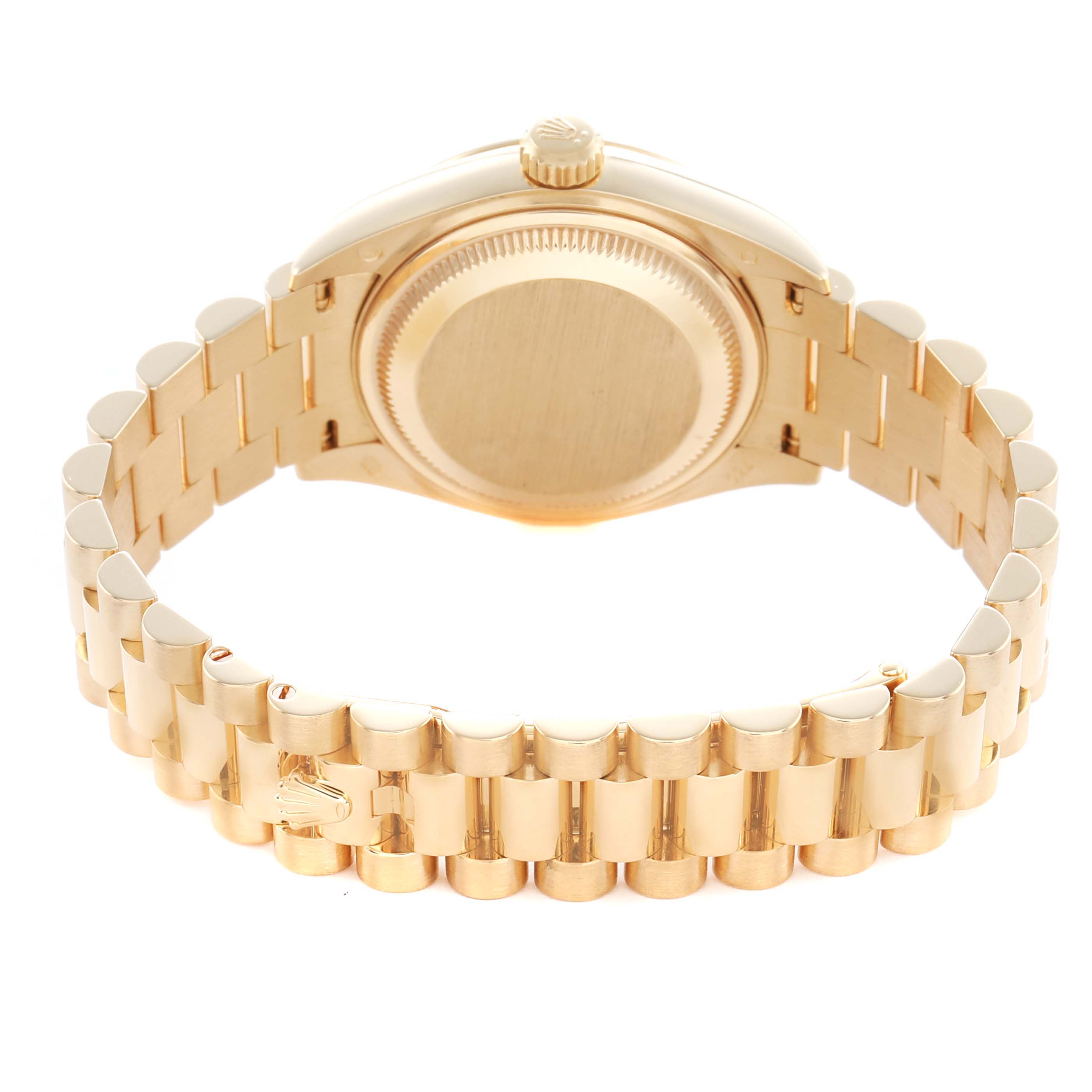 The image shows the back view of a Rolex President 279178 Women
s Yellow Gold Champagne Dial model watch, highlighting the case back and gold bracelet.