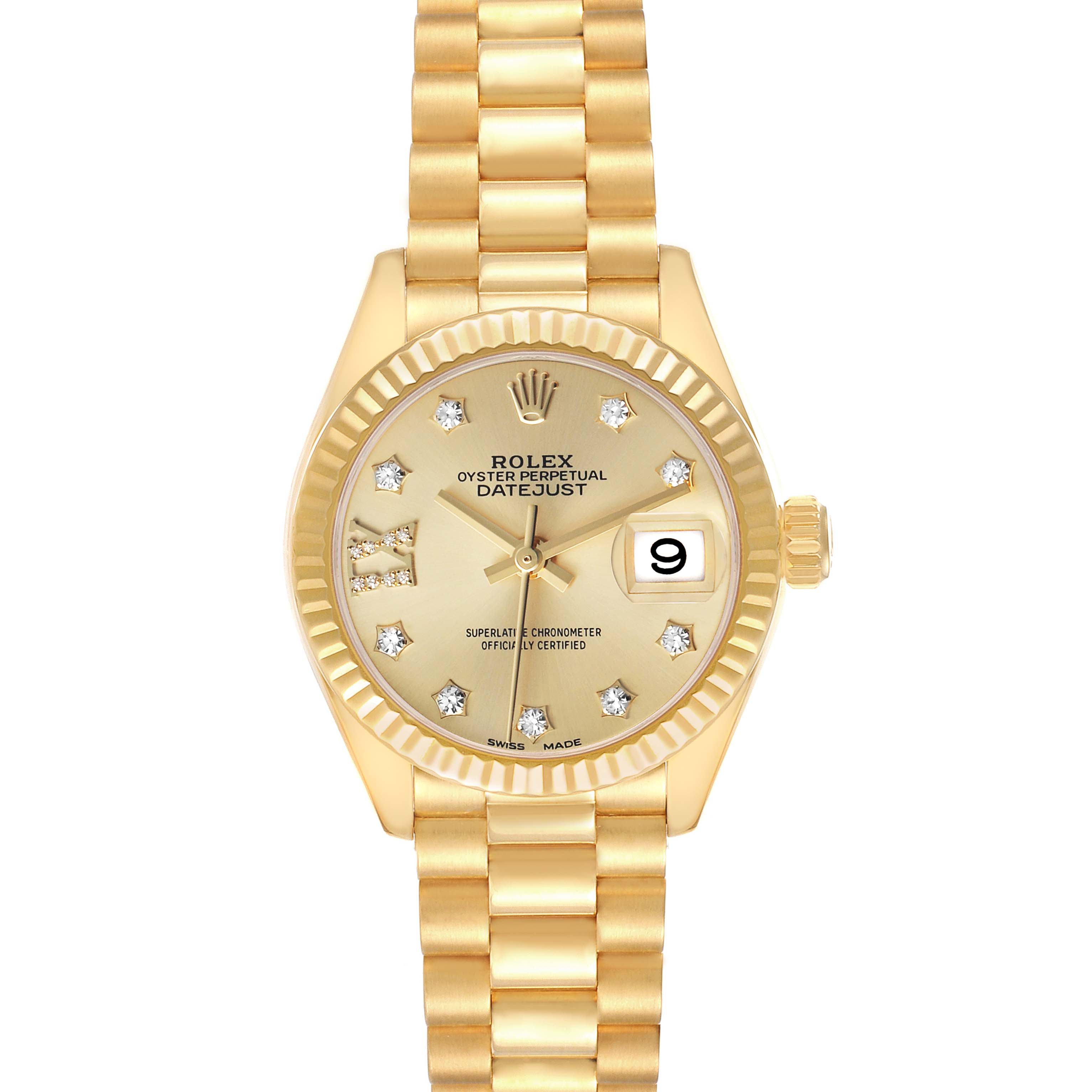The Rolex President 279178 Women
s Yellow Gold Champagne Dial model watch is shown from a front angle displaying its dial, bezel, and bracelet.