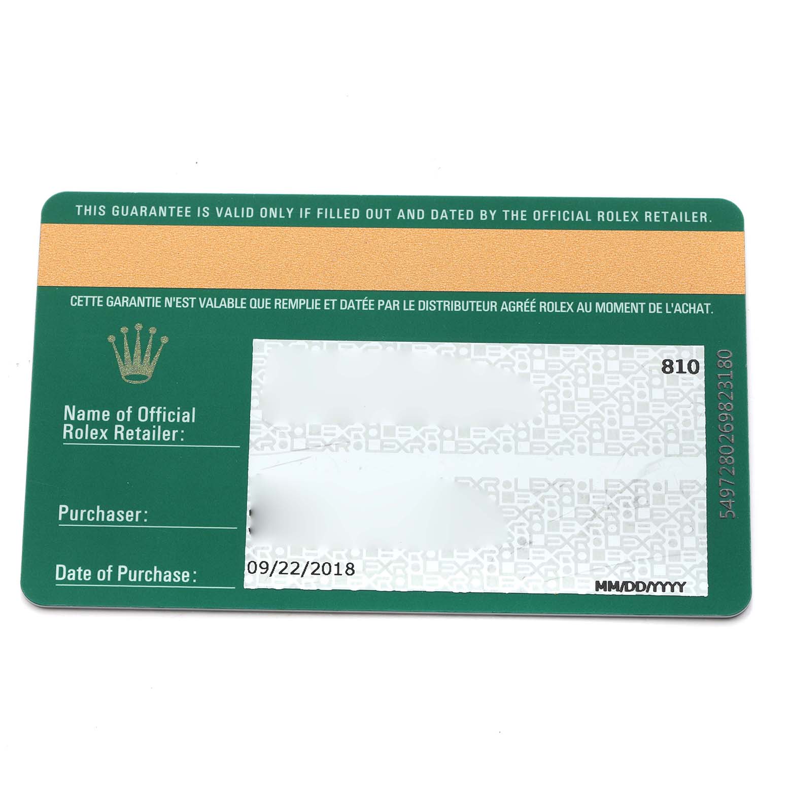 The image shows a warranty card for the Rolex President 279178 Women
s Yellow Gold Champagne Dial model.