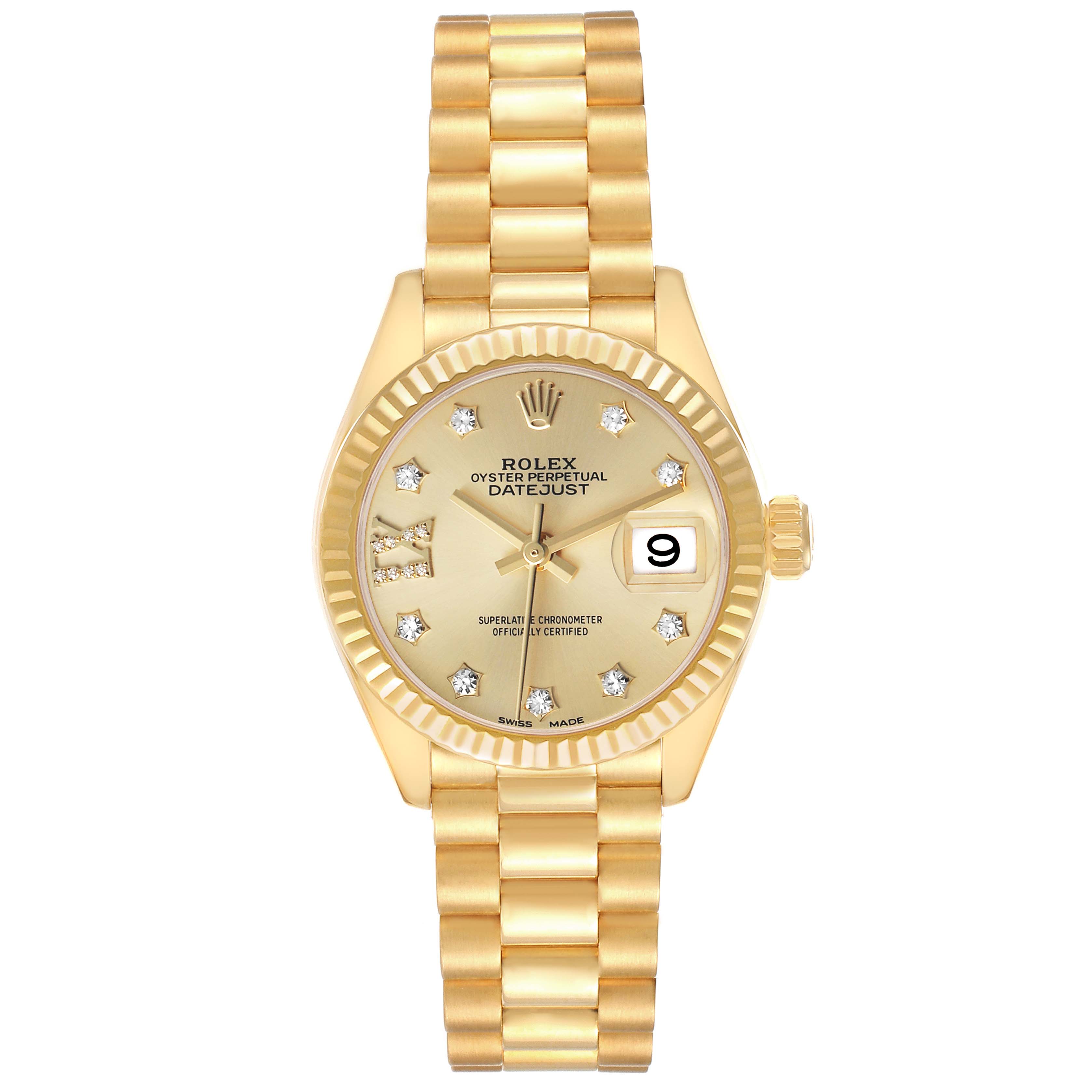 The Rolex President 279178 Women
s Yellow Gold Champagne Dial model is shown from a top-down angle, showcasing its gold bracelet, diamond hour markers, and date window.