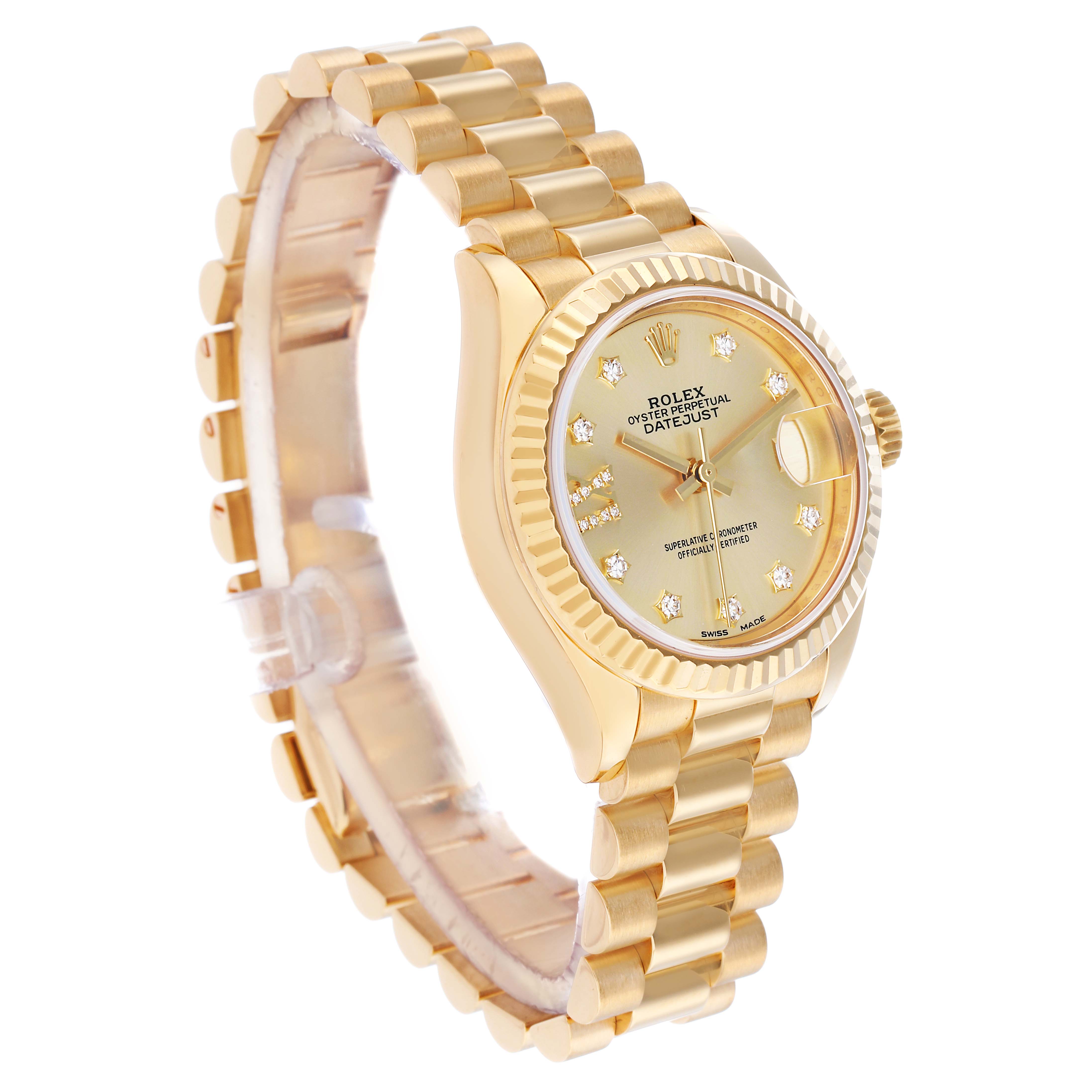 The Rolex President 279178 Women
s Yellow Gold Champagne Dial model is shown at a slight angle, displaying the face, bracelet, and fluted bezel.