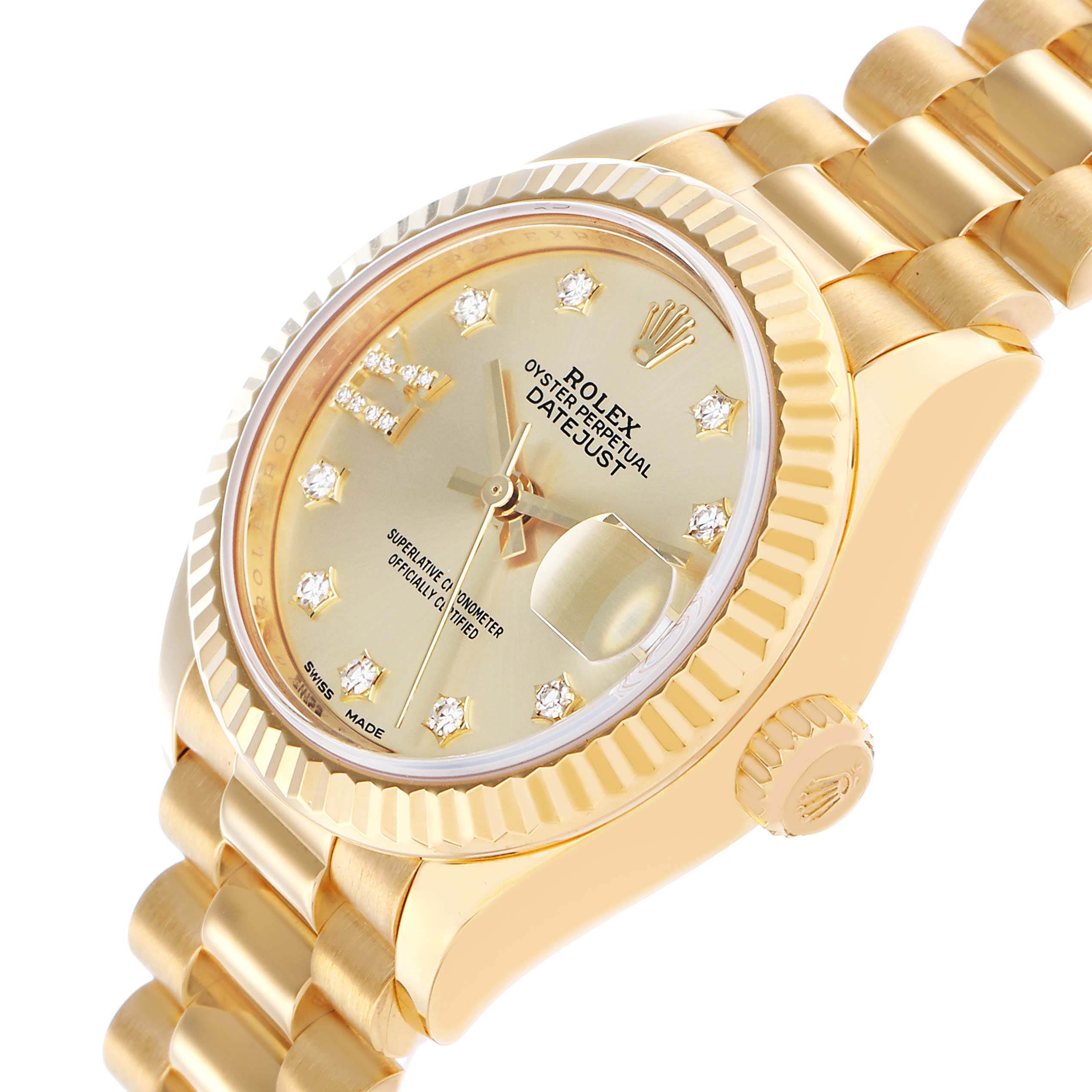 The Rolex President 279178 Women
s Yellow Gold Champagne Dial model is shown at an angled view featuring the dial, fluted bezel, crown, and bracelet.