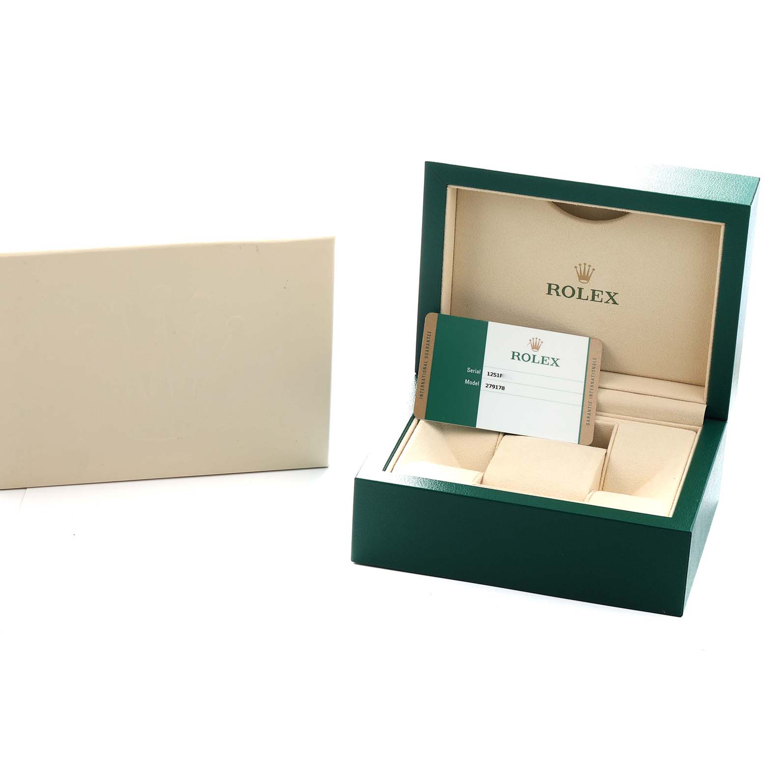 The image shows a Rolex President 279178 Women
s Yellow Gold Champagne Dial model watch box open, revealing the inner cushioned compartments and a warranty card.