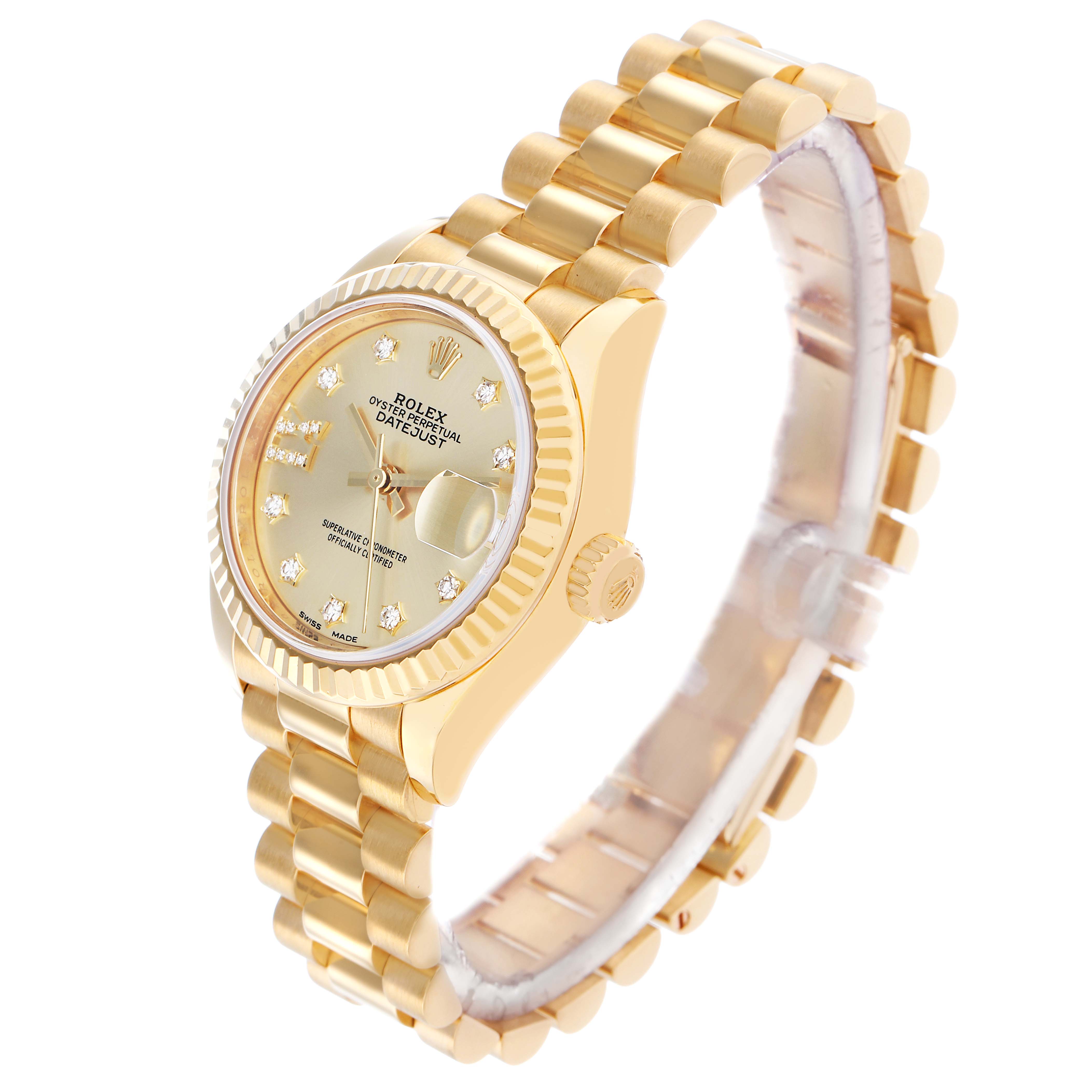 The Rolex President 279178 Women
s Yellow Gold Champagne Dial model is shown at a three-quarter angle, highlighting the face, bracelet, bezel, and crown.