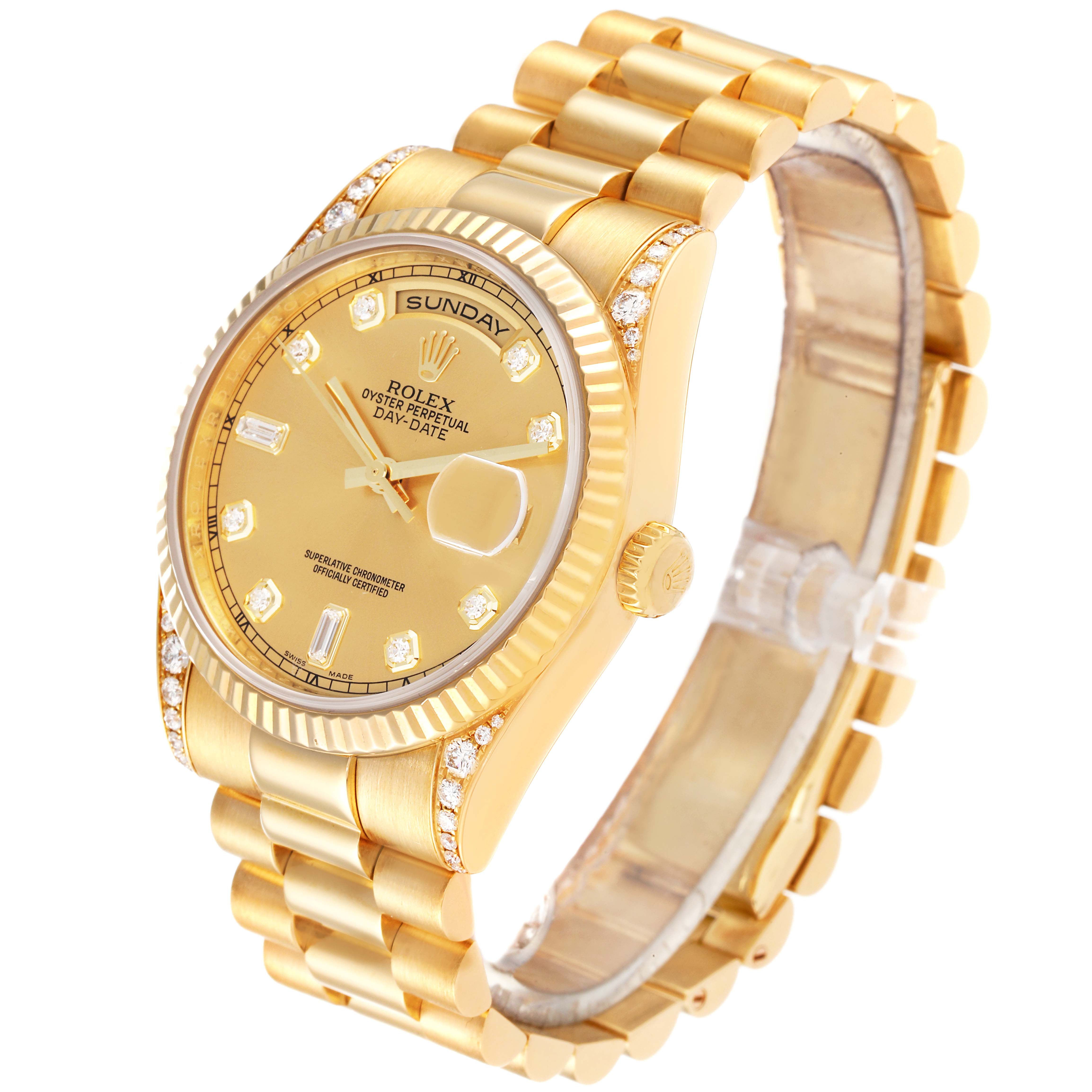 The image shows a Rolex President 118338 Men
s Yellow Gold Champagne Dial 118338 Men
s Yellow Gold Champagne Dial model watch at a slight diagonal angle, highlighting the bracelet, face, and crown.