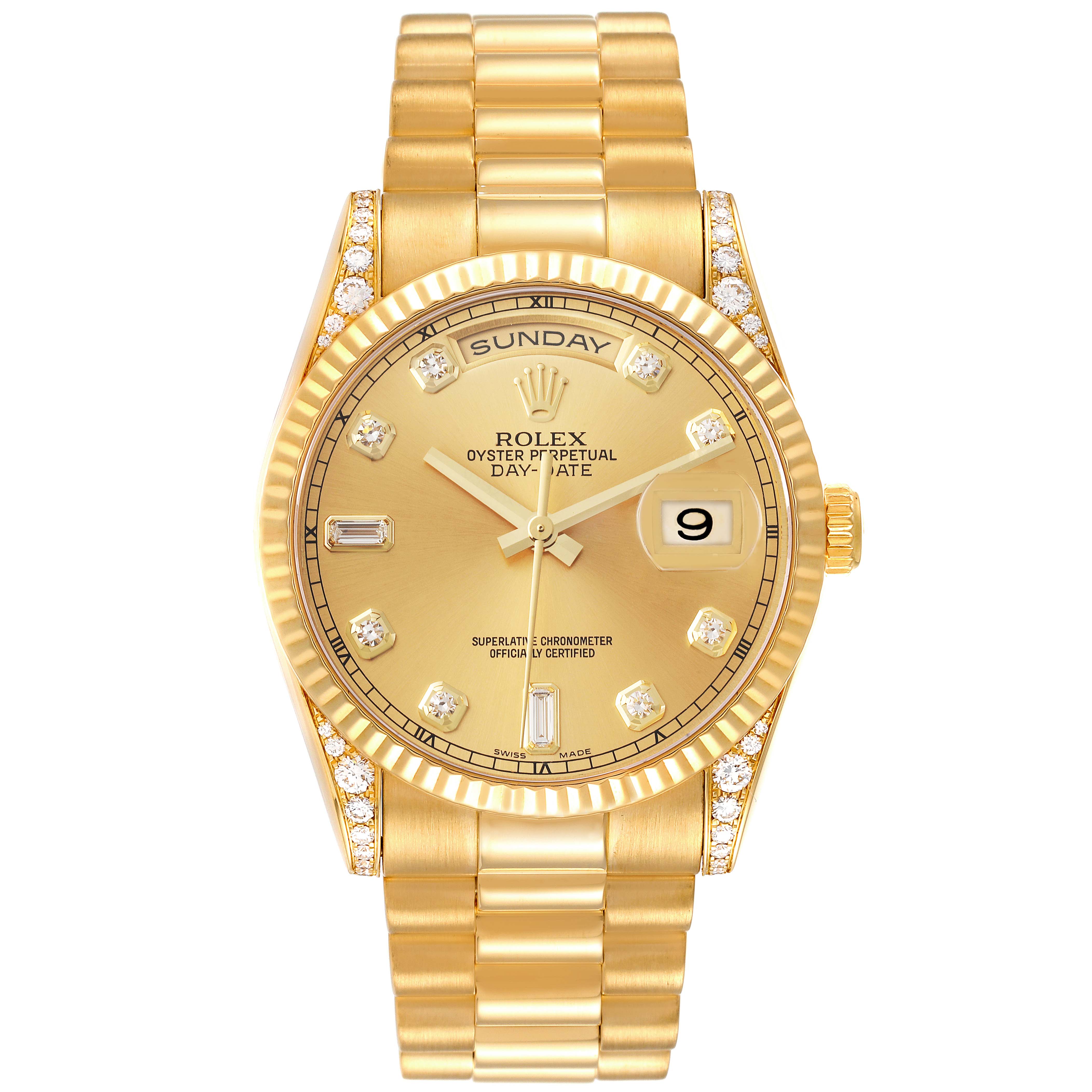 The image shows a frontal view of a gold Rolex President 118338 Men
s Yellow Gold Champagne Dial 118338 Men
s Yellow Gold Champagne Dial model watch with a fluted bezel, day and date functions, and a diamond-set dial.