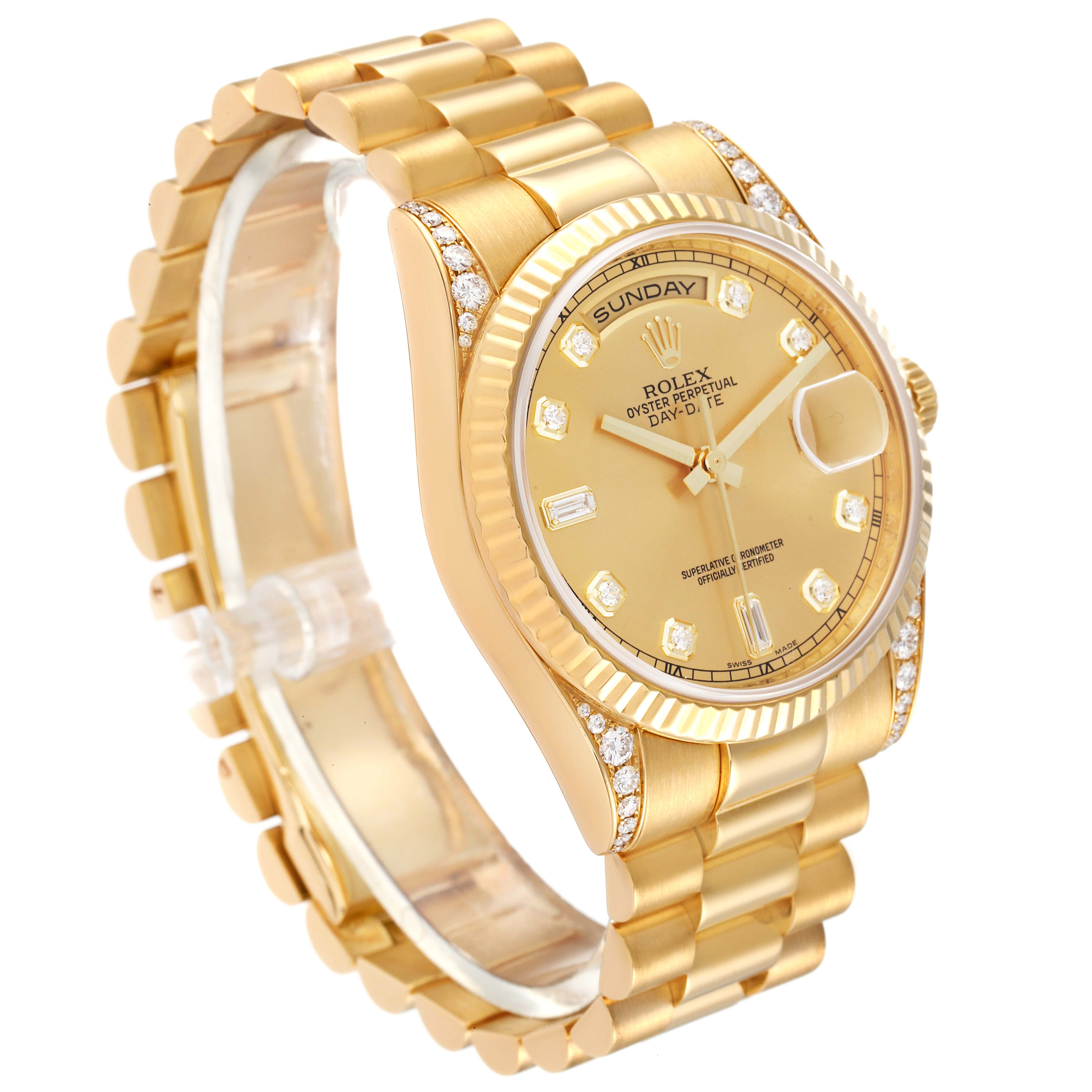 The image shows a Rolex President 118338 Men
s Yellow Gold Champagne Dial 118338 Men
s Yellow Gold Champagne Dial model watch at a three-quarter angle, highlighting its gold band, diamond-encrusted bezel, and dial.