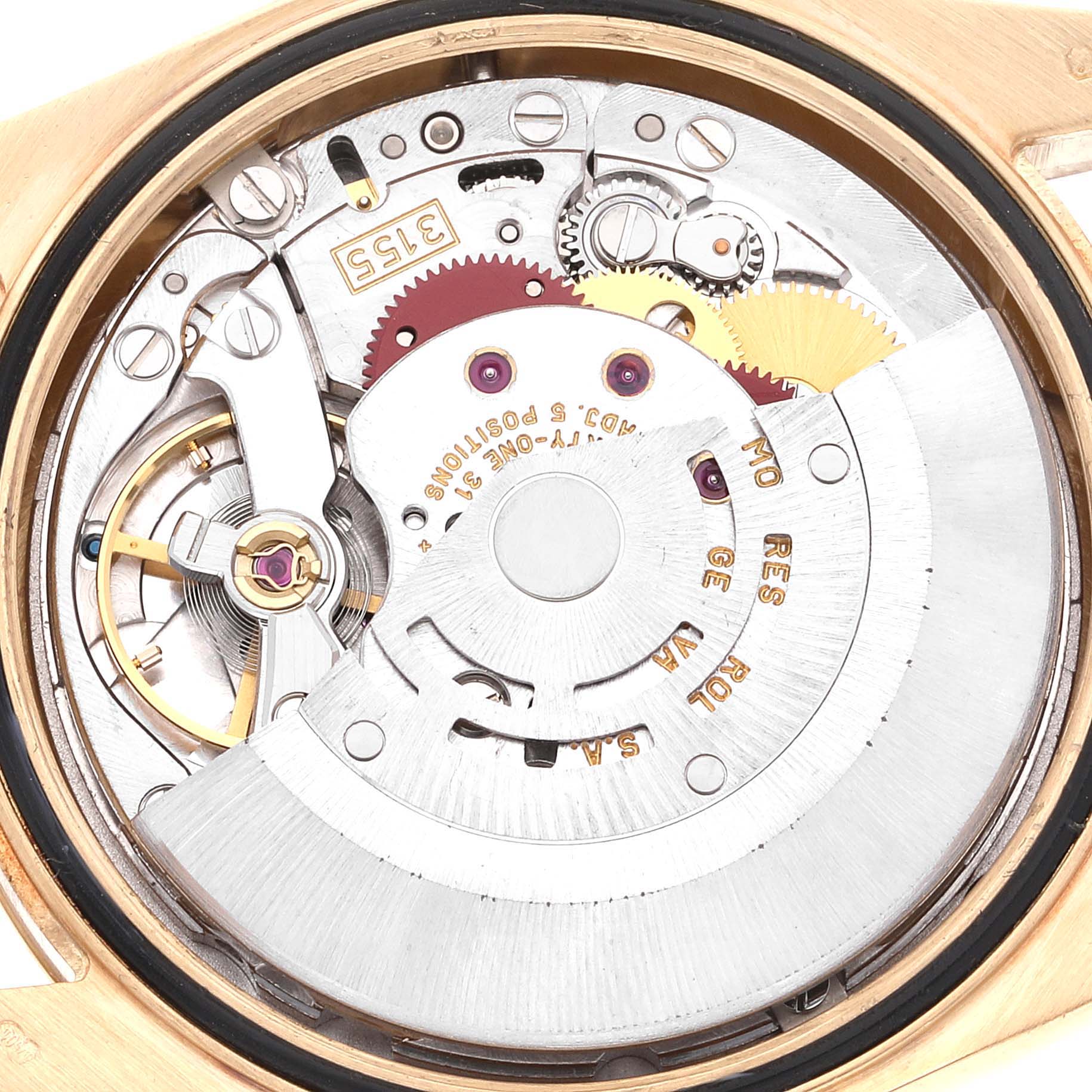 This is an interior view of the Rolex President 118338 Men
s Yellow Gold Champagne Dial 118338 Men
s Yellow Gold Champagne Dial model showing the intricate details of its watch movement components.
