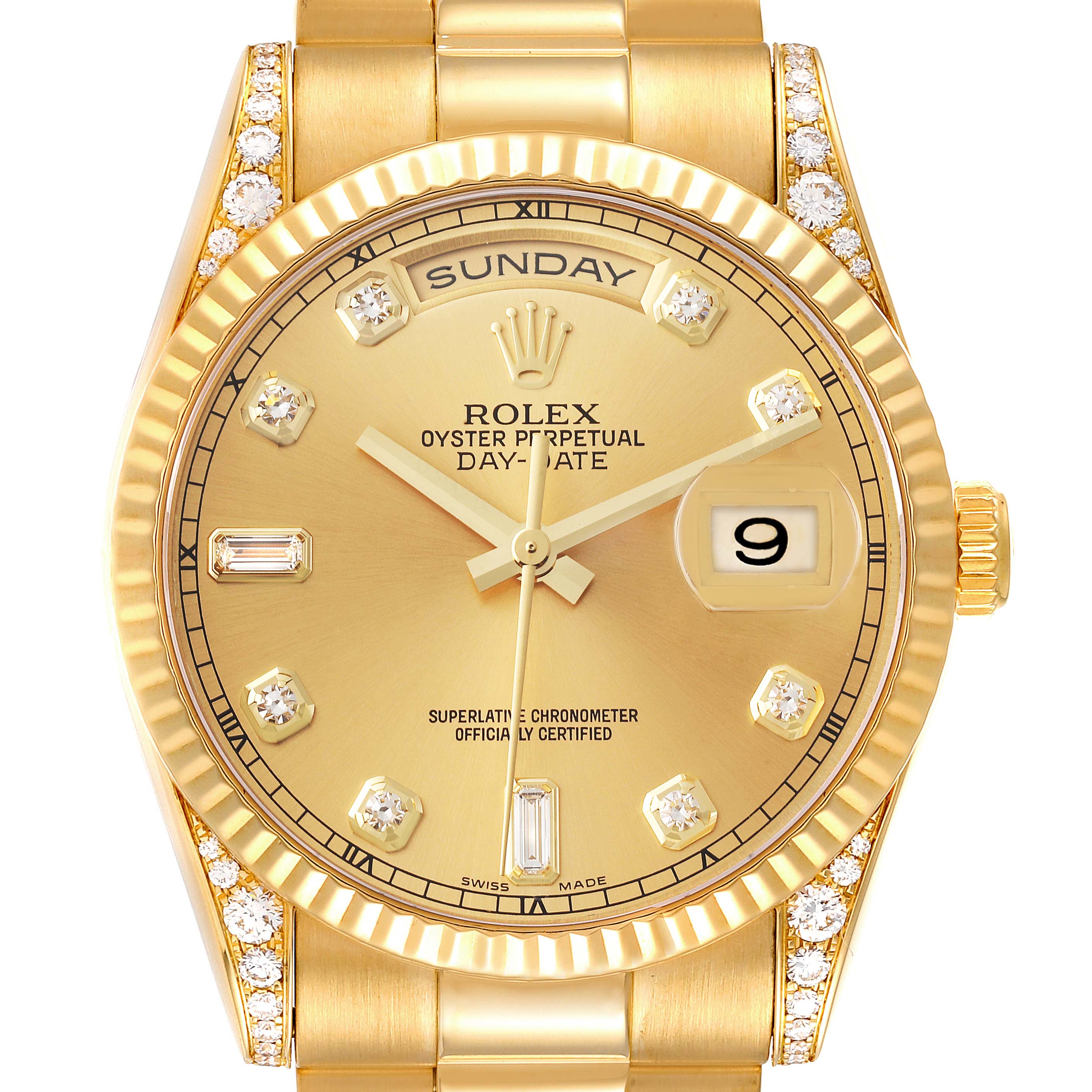 The image shows a frontal view of the Rolex President 118338 Men
s Yellow Gold Champagne Dial 118338 Men
s Yellow Gold Champagne Dial Day-Date watch, displaying the dial, hands, crown, and part of the bracelet.