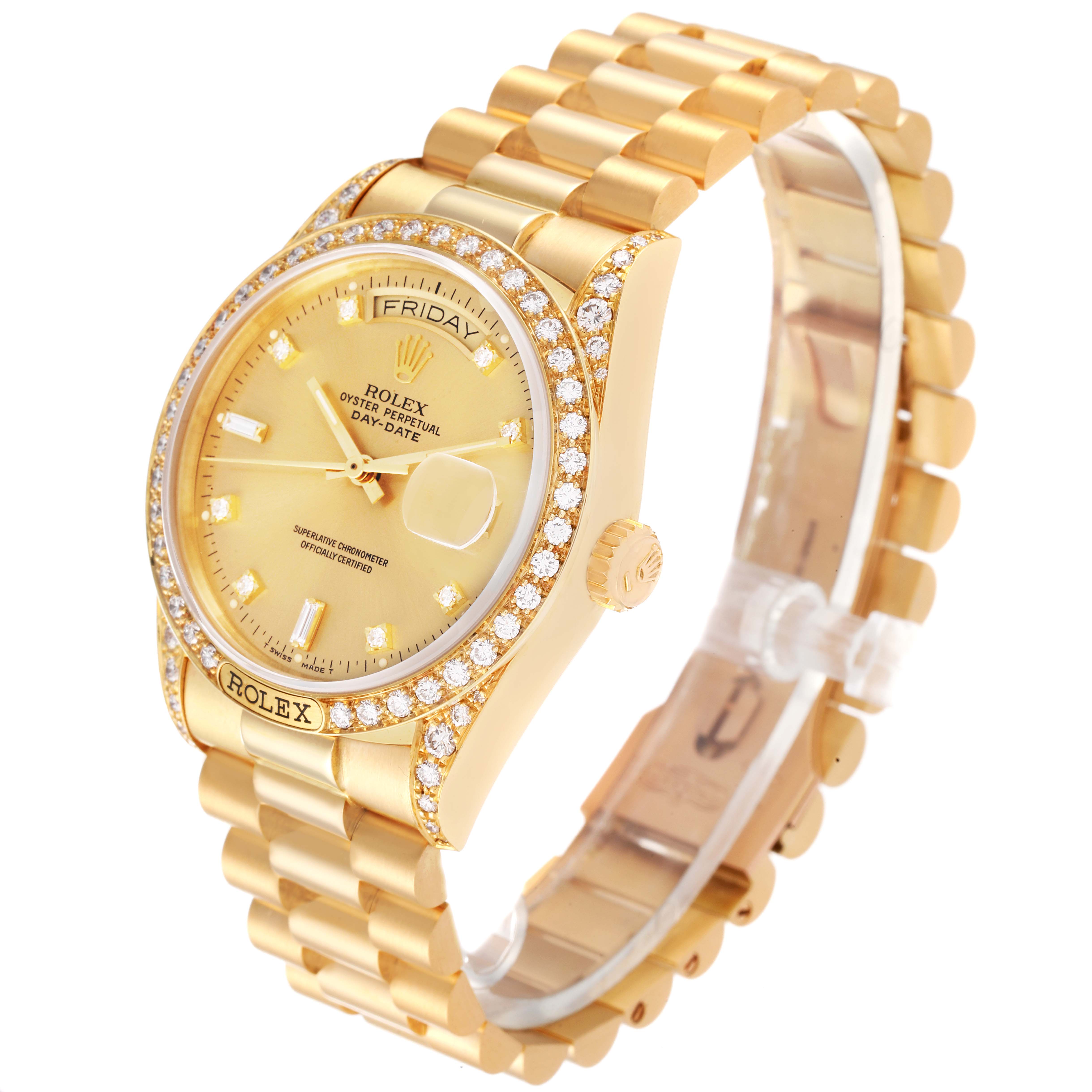 The image shows a Rolex President 18138 Men
s Yellow Gold Champagne Dial 18138 Men
s Yellow Gold Champagne Dial model watch from a front-left angle, highlighting its gold case, diamond bezel, and bracelet.