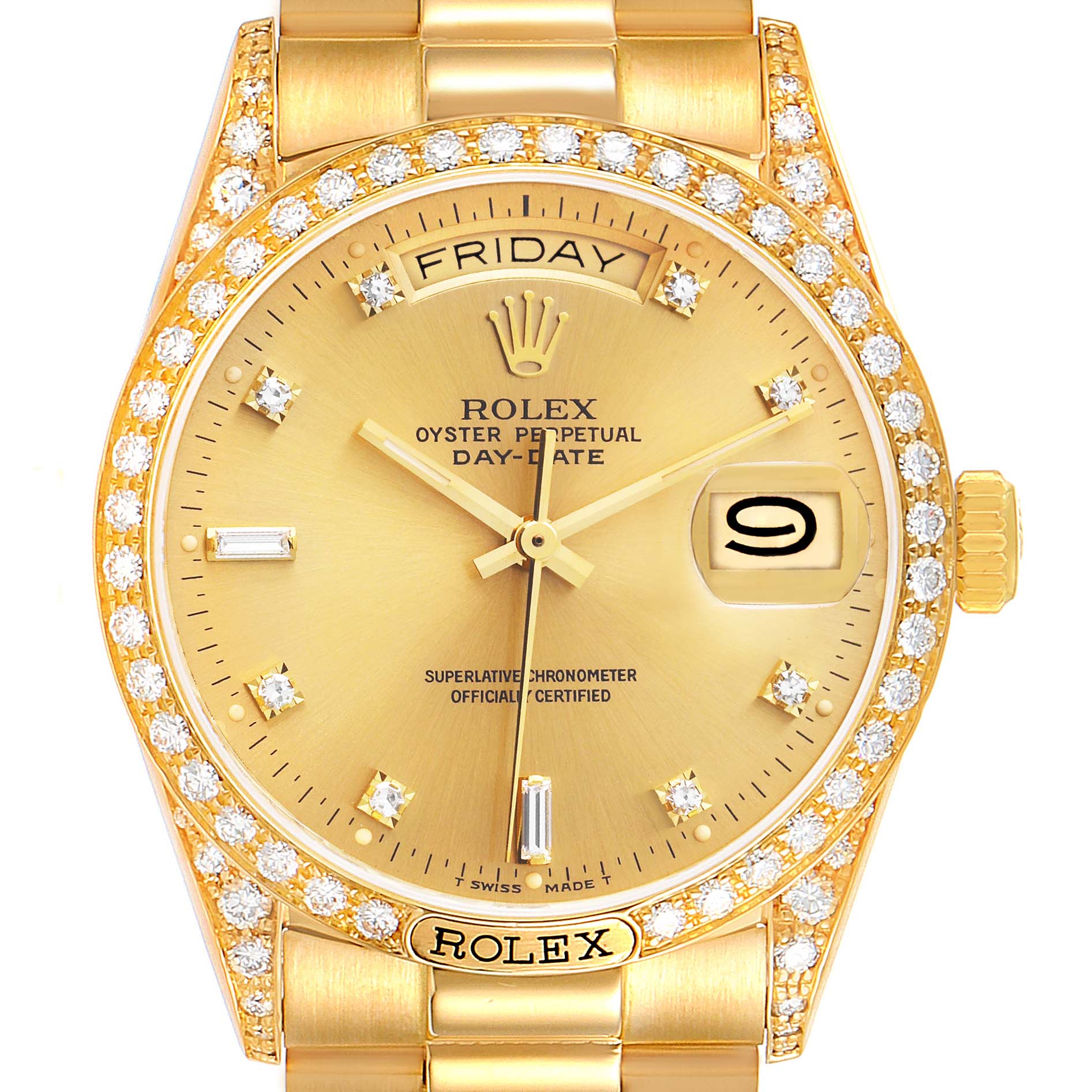 This image shows a front angle of a Rolex President 18138 Men
s Yellow Gold Champagne Dial 18138 Men
s Yellow Gold Champagne Dial Day-Date watch, displaying the face, crown, and bracelet details.