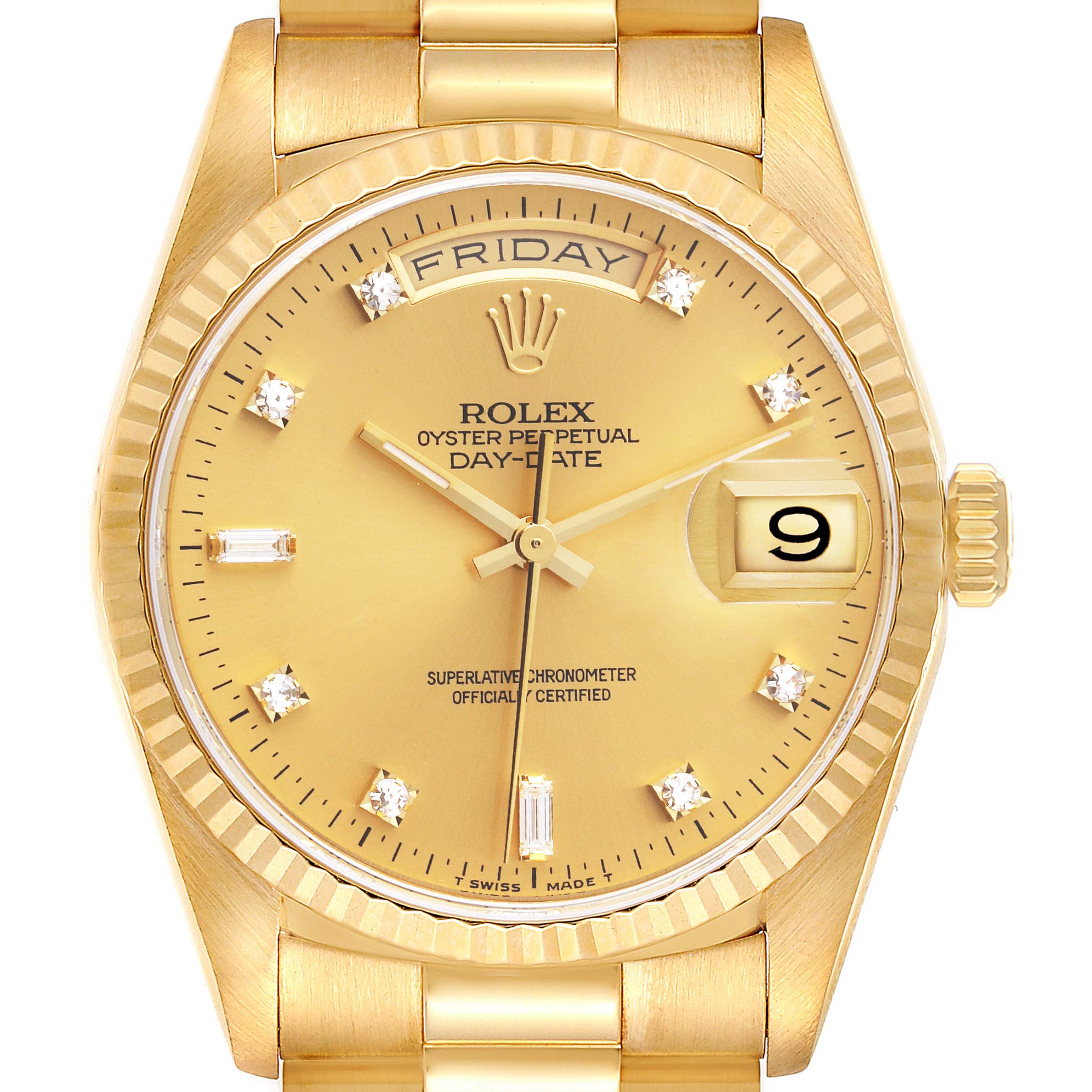 The image shows a frontal view of a gold Rolex President 18238 Men's Yellow Gold Champagne Dial 18238 Men's Yellow Gold Champagne Dial model watch, highlighting the dial, day display, and bracelet.
